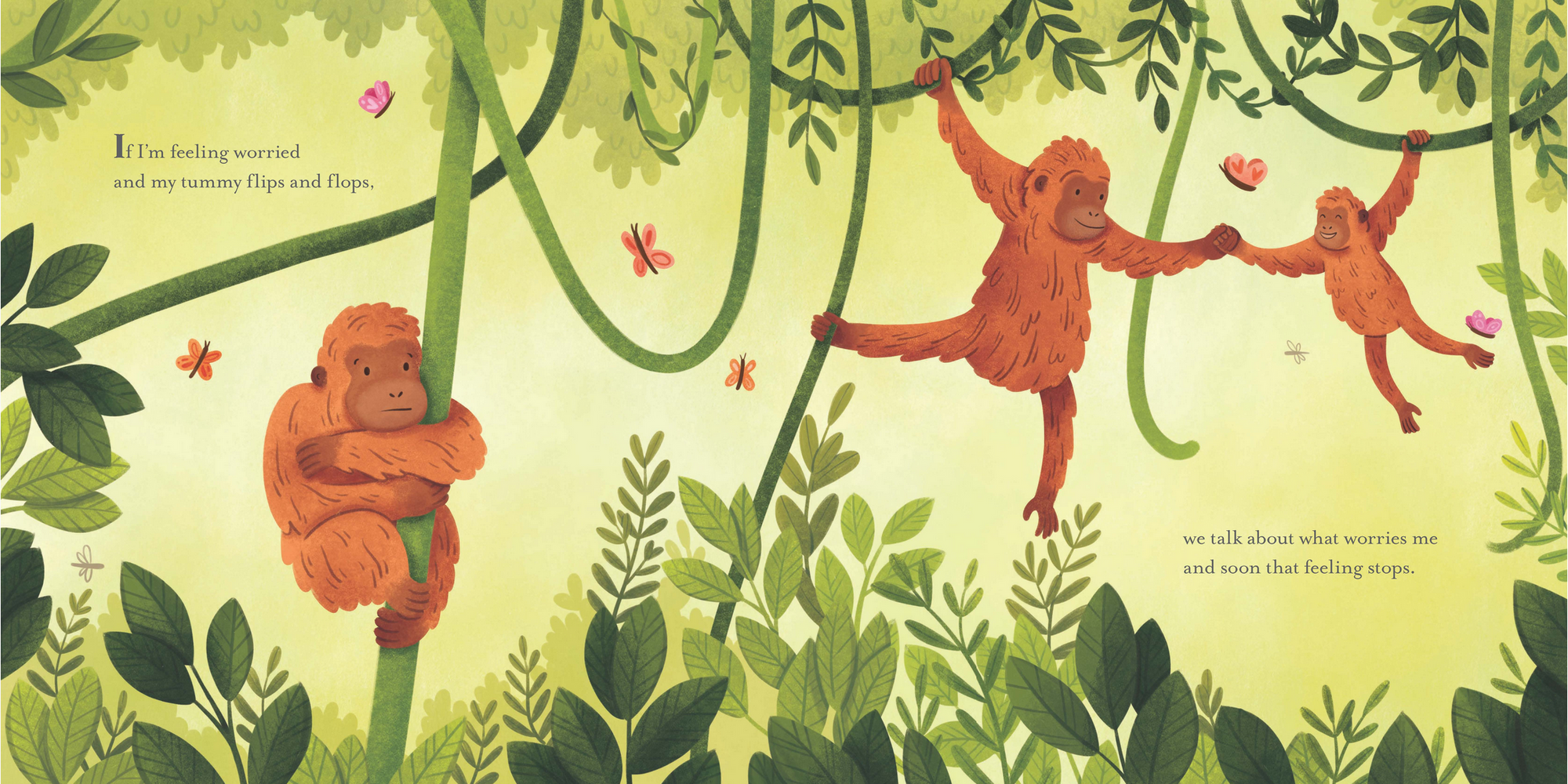 Illustration of two orangutans in a jungle setting with text.