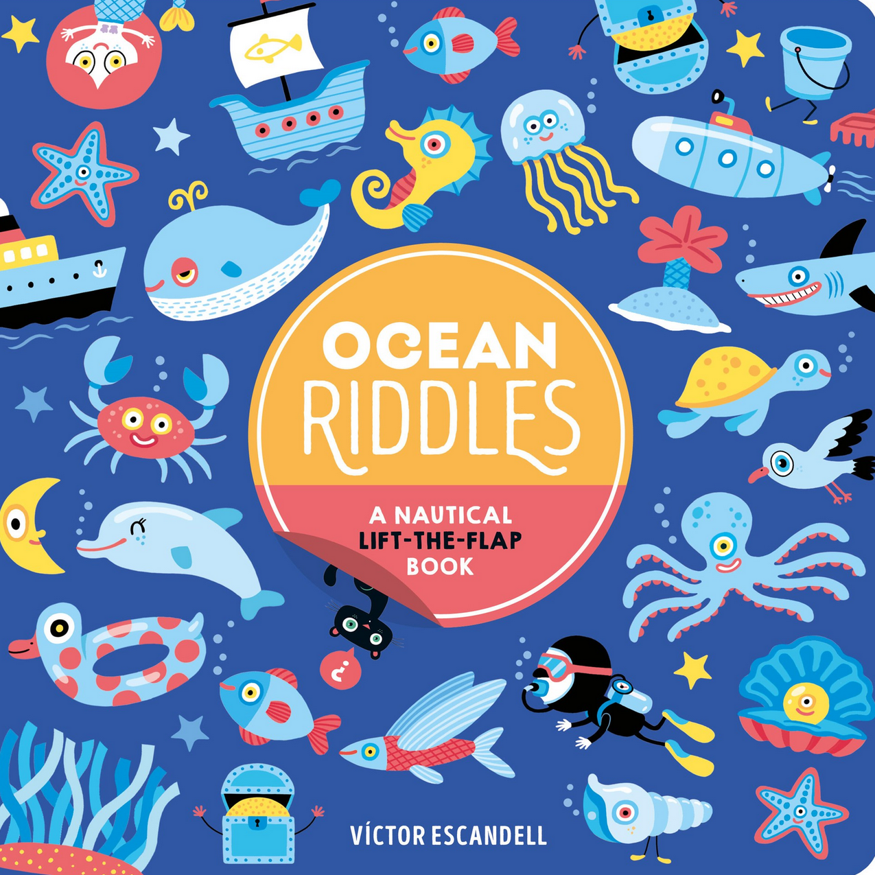 Book cover of 'Ocean Riddles' with colorful illustrations of sea creatures on a blue background.