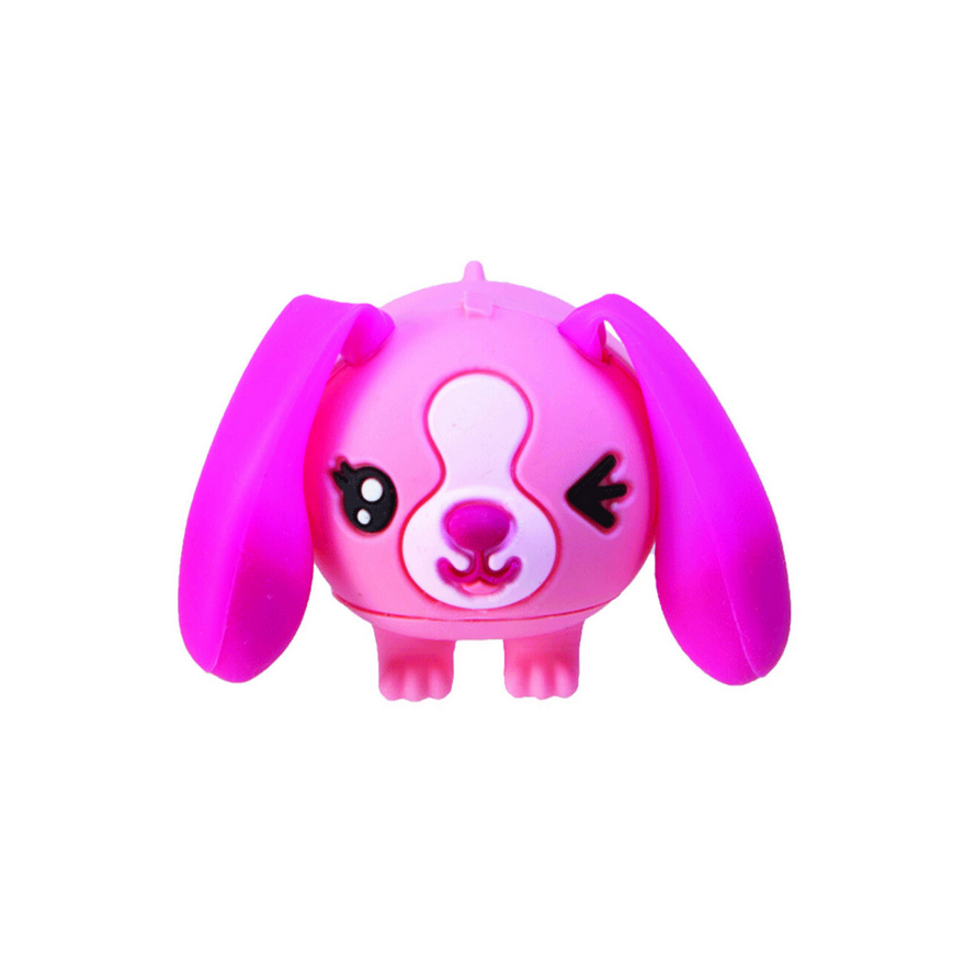 Pink toy dog with a sad expression on a white background