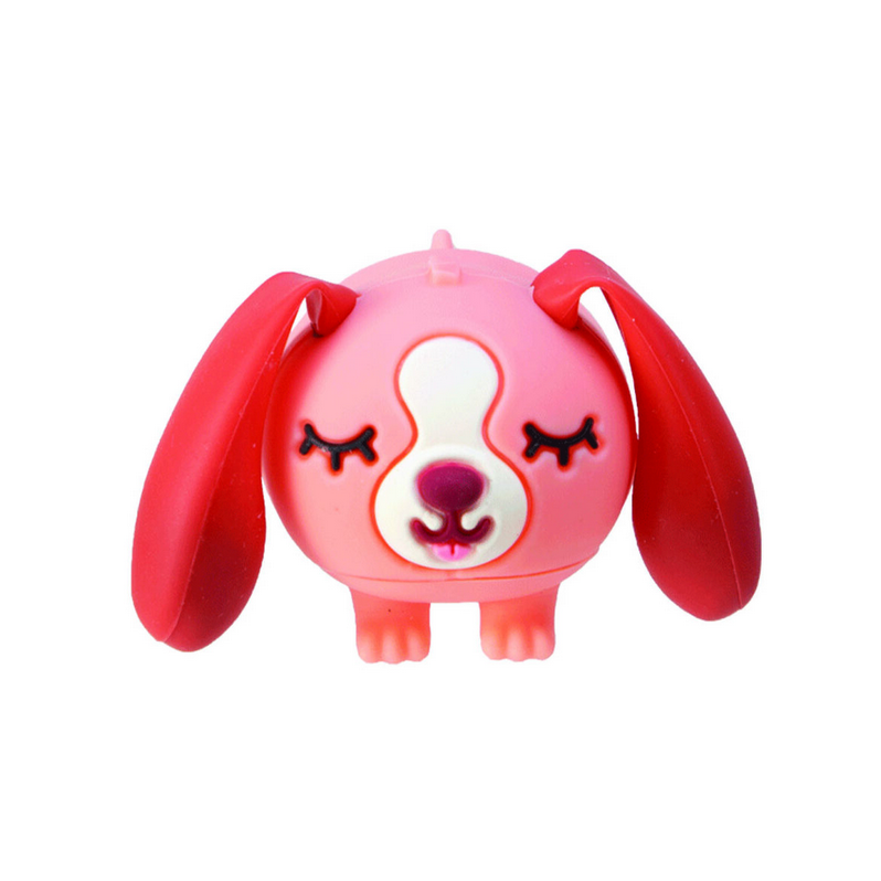 Pink dog-shaped toy with a white face on a white background