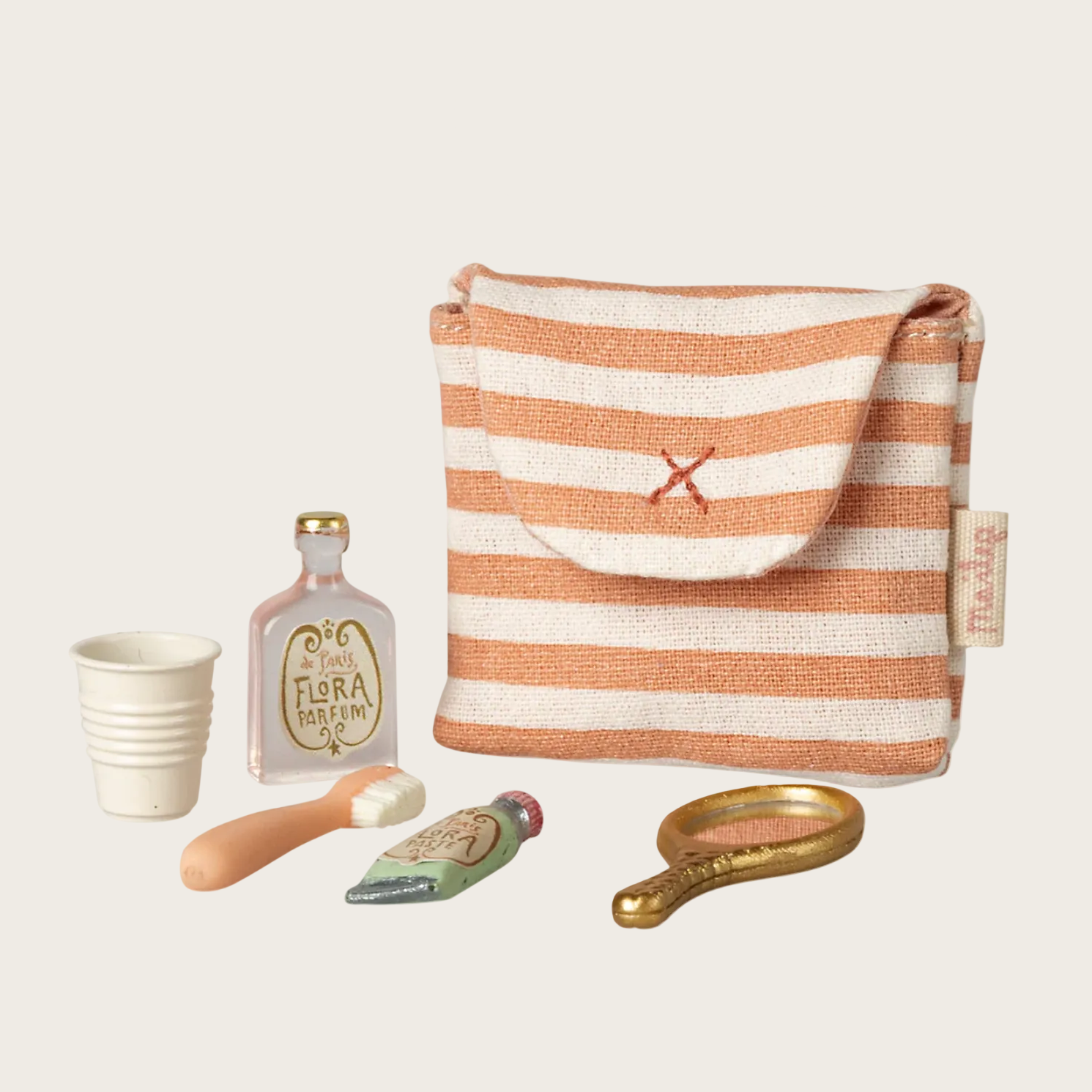 Striped pouch with bathroom products