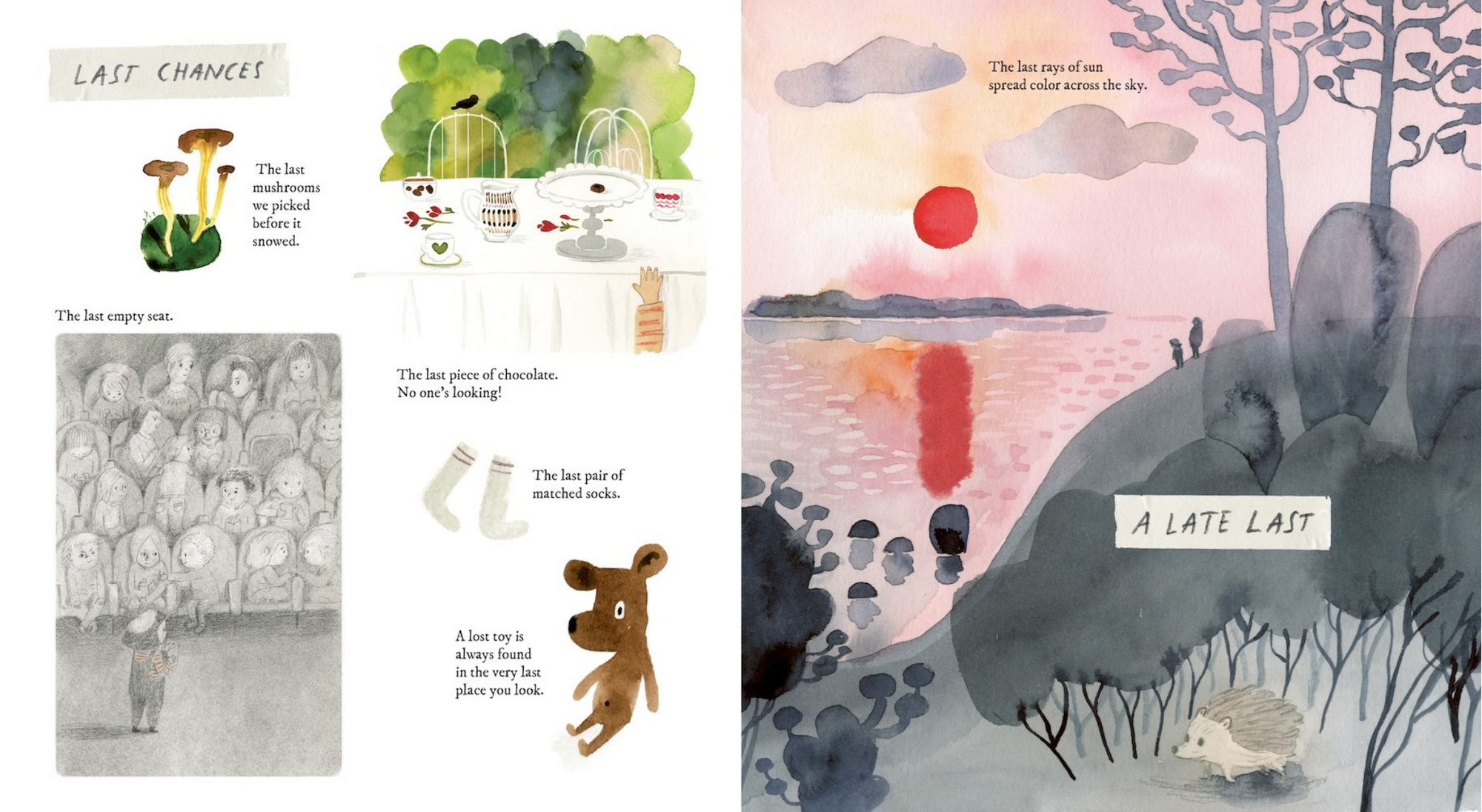 Illustrated book pages with various scenes including a sunset, animals, and text.