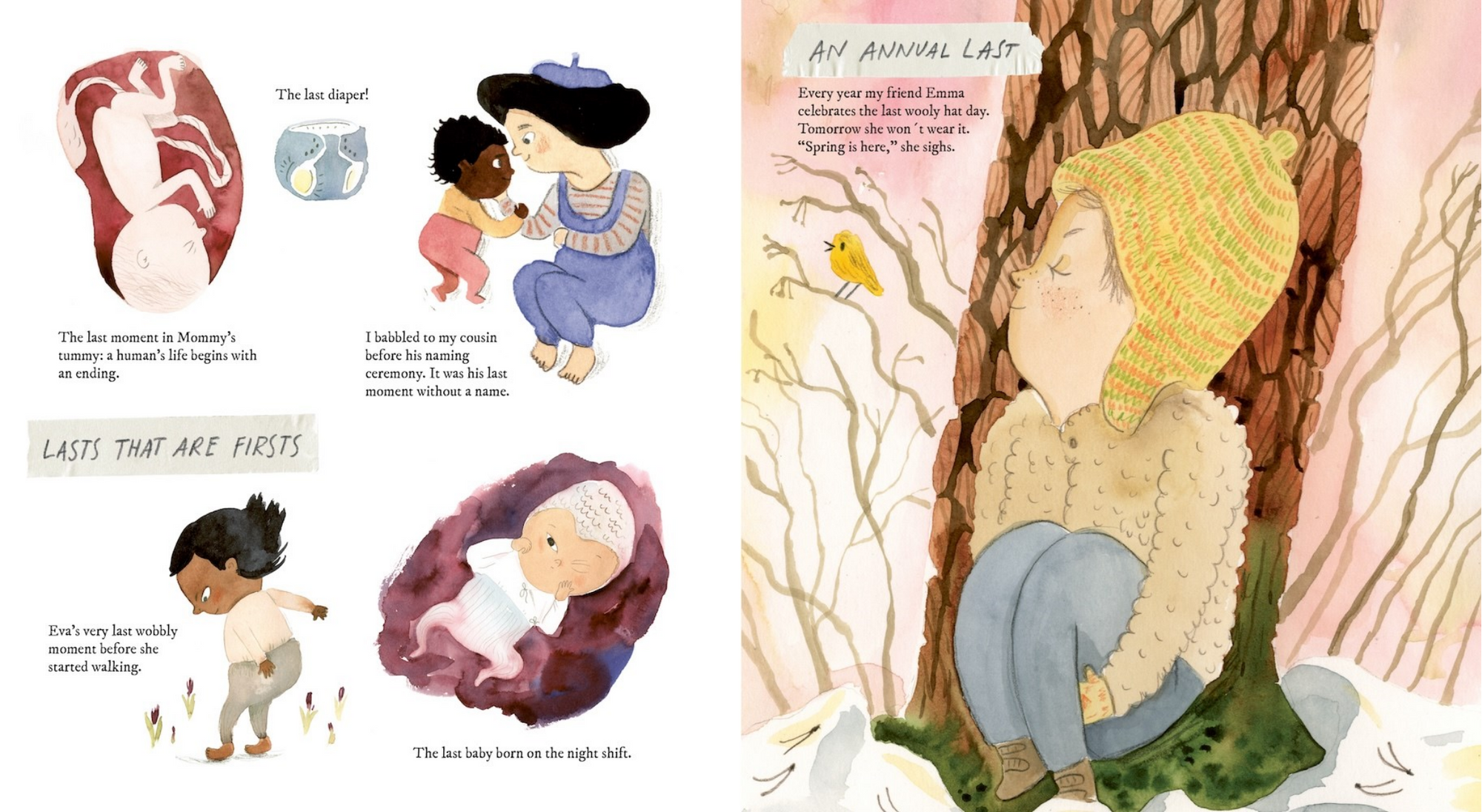 Illustrated book page with a child sitting by a tree, surrounded by nature and text.