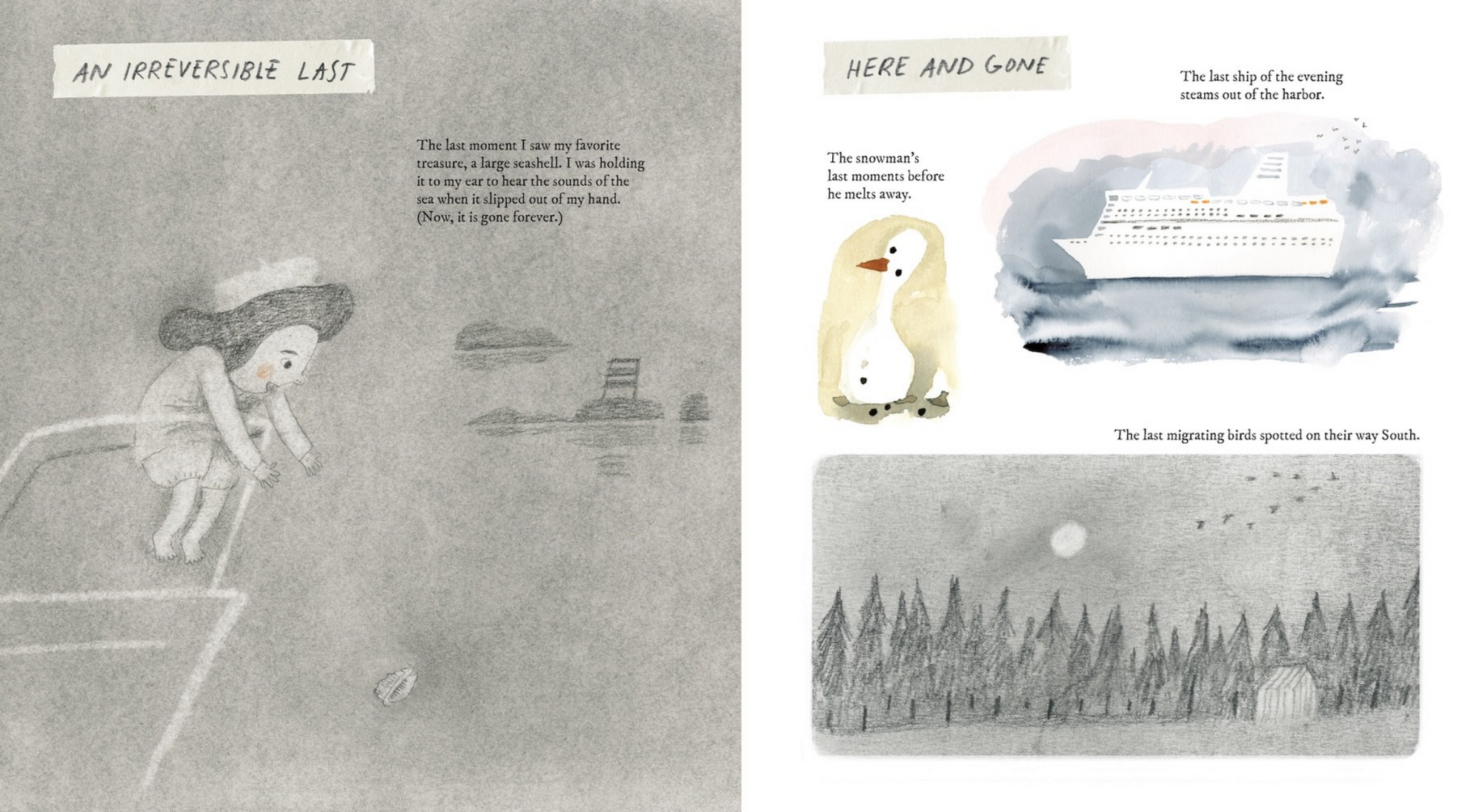 Illustrated book pages with a girl, polar bear, and landscape.