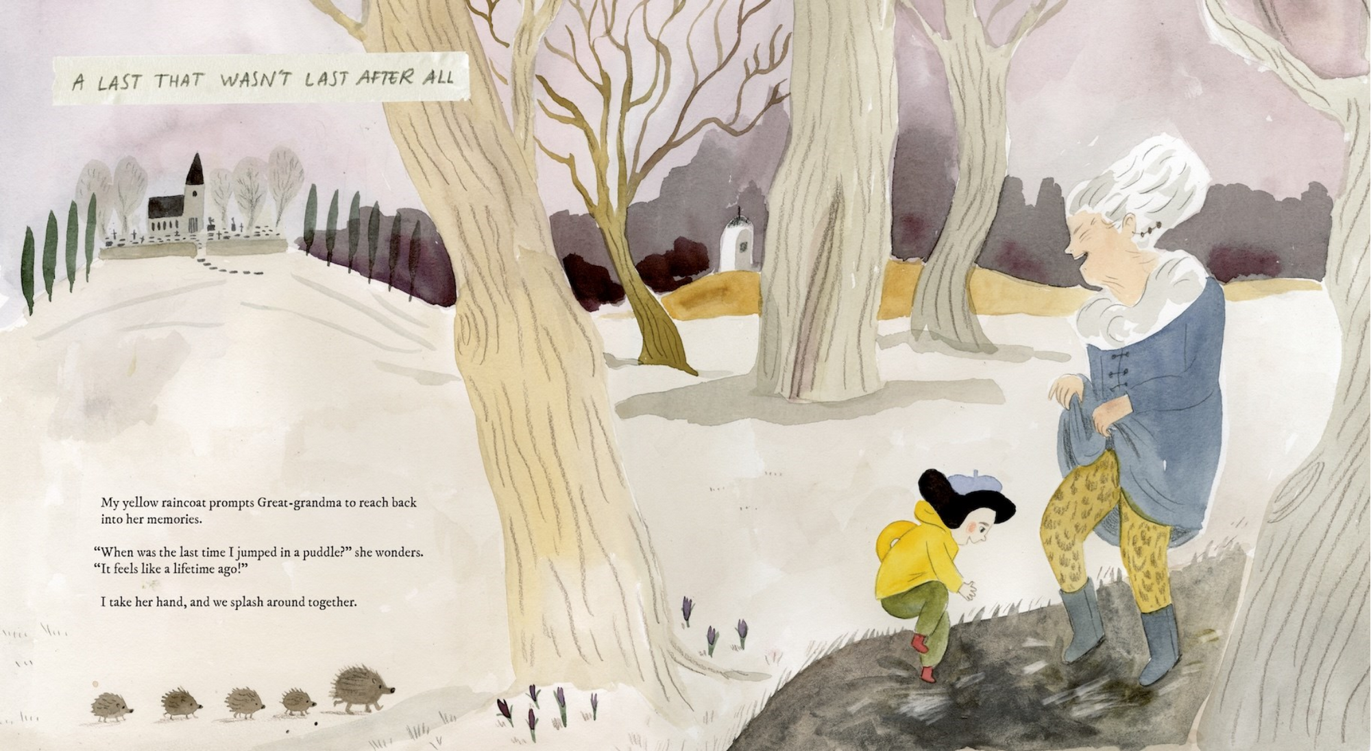 Illustration of two people walking through a snowy landscape with trees and a house in the background.