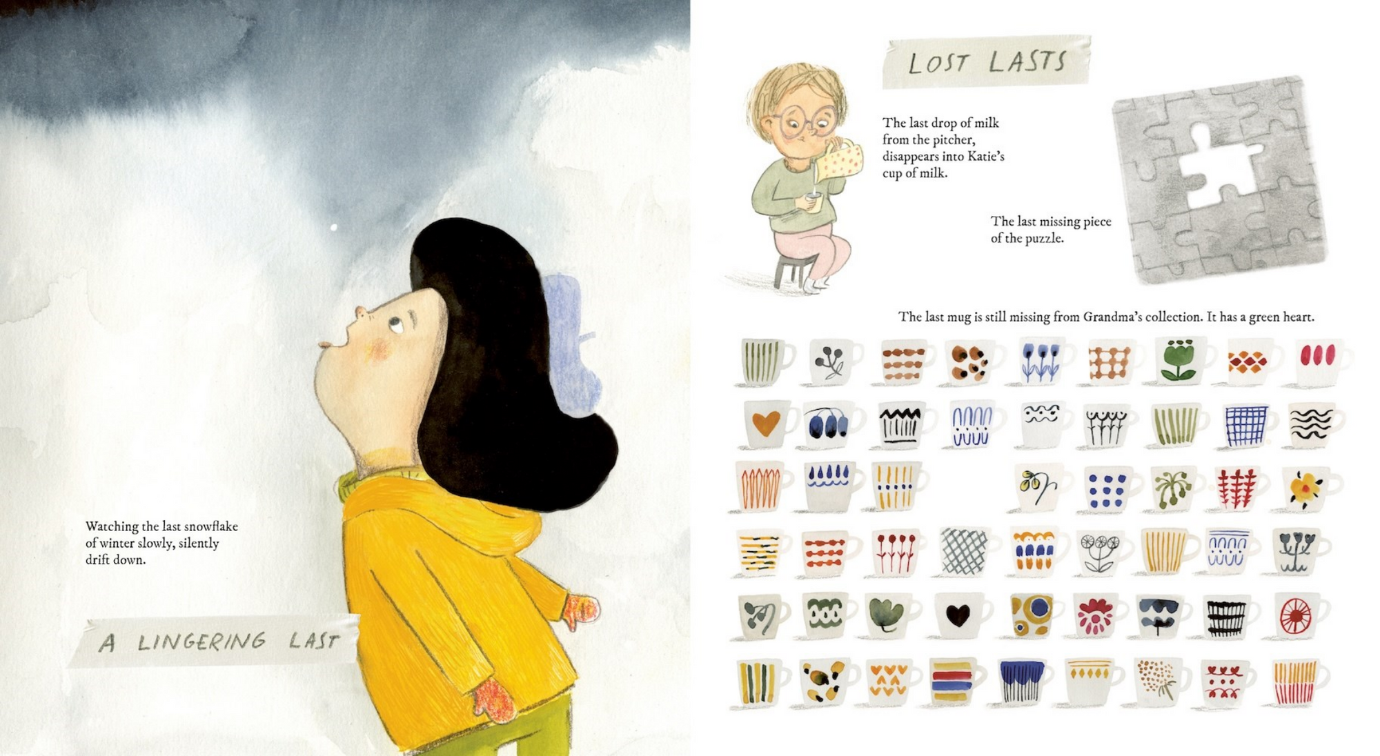 Illustrated book page with a child in a yellow raincoat looking at a cloud, and a puzzle piece on a white background.