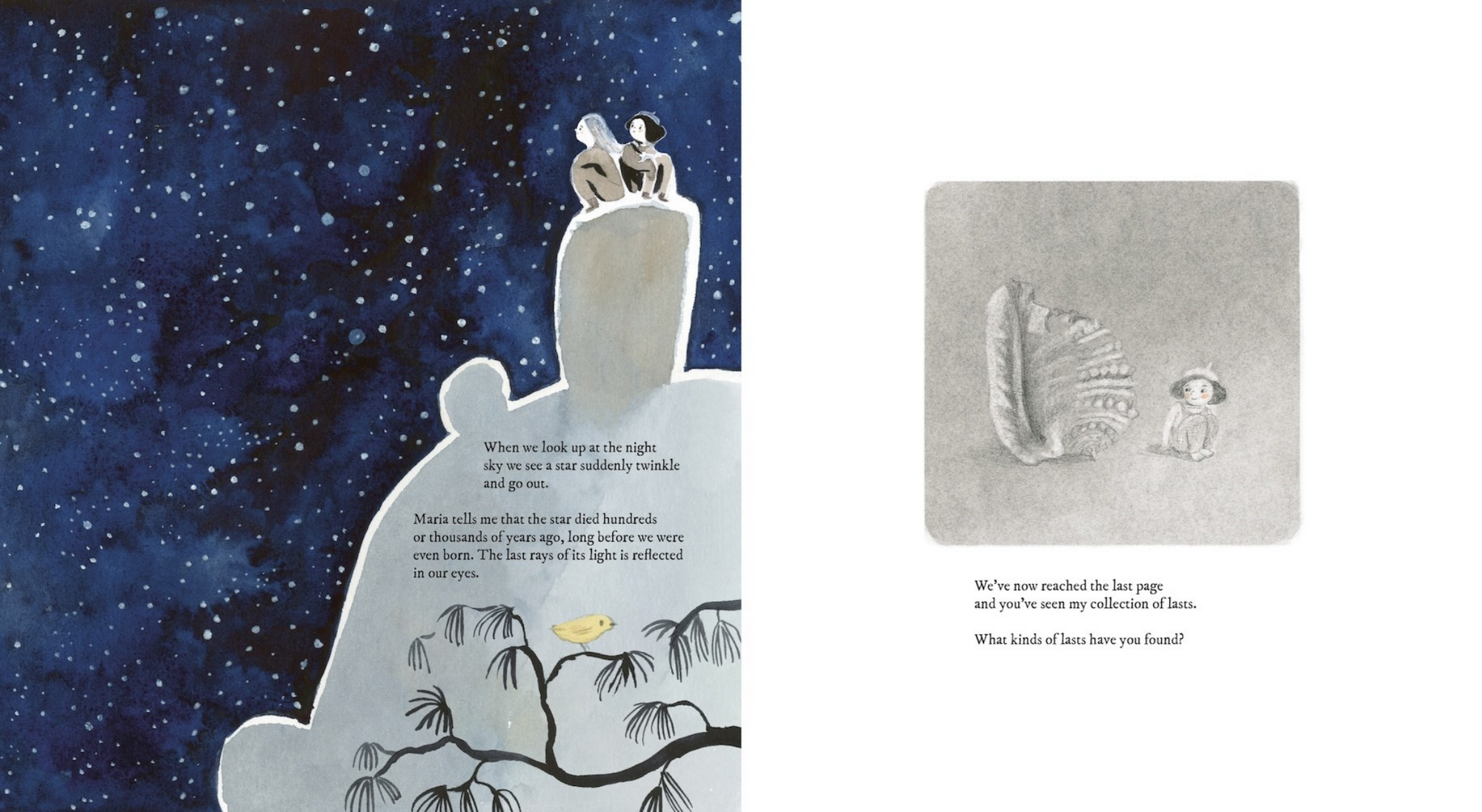 Illustration of a couple on a moonlit night with a small dog, set against a starry sky.