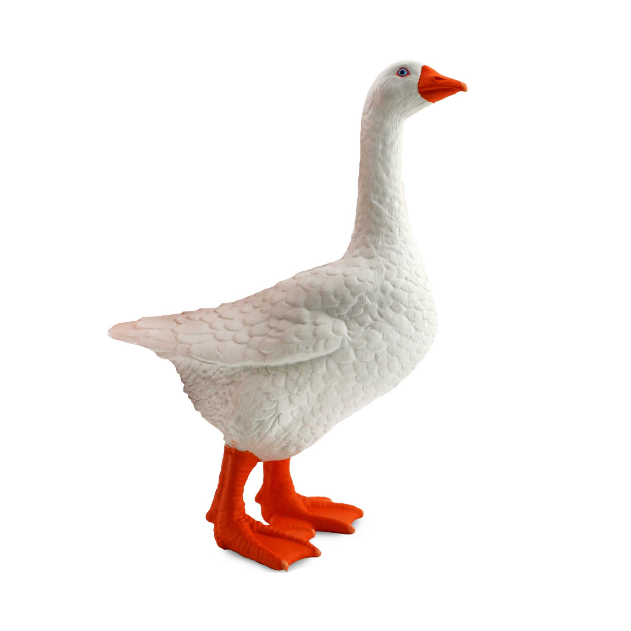 White goose figurine with orange feet and beak on a white background