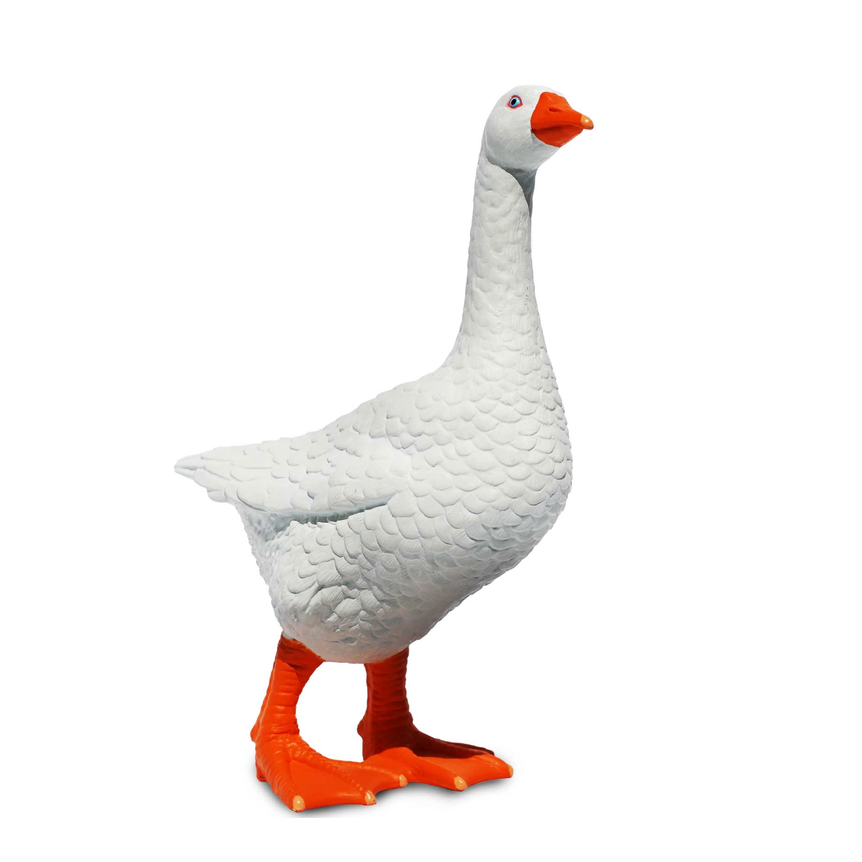 White goose figurine with orange feet and beak on a white background