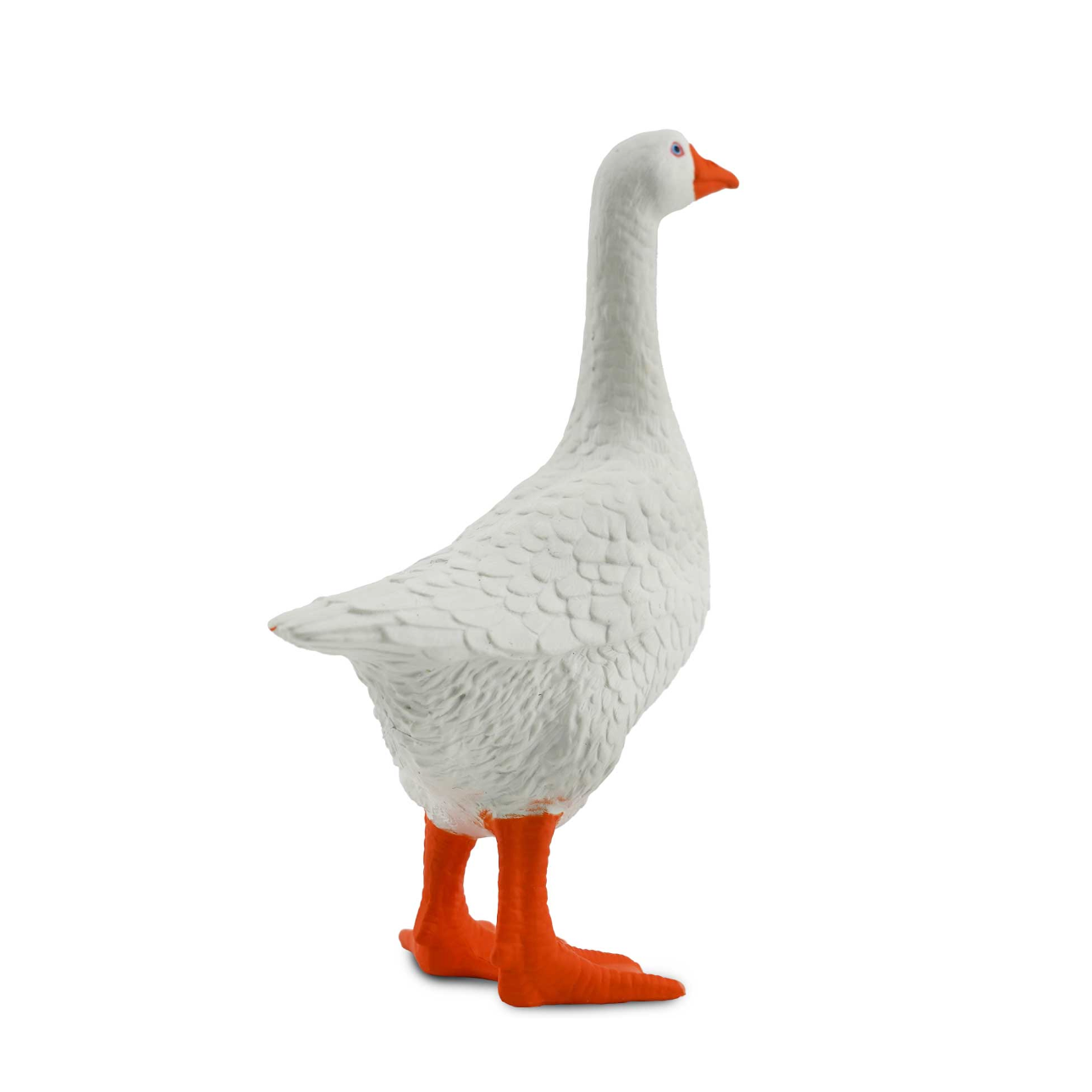 White goose figurine with orange feet and beak on a white background