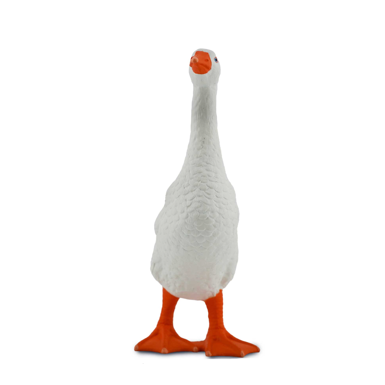 toy goose with a white body and orange feet and beak on a white background
