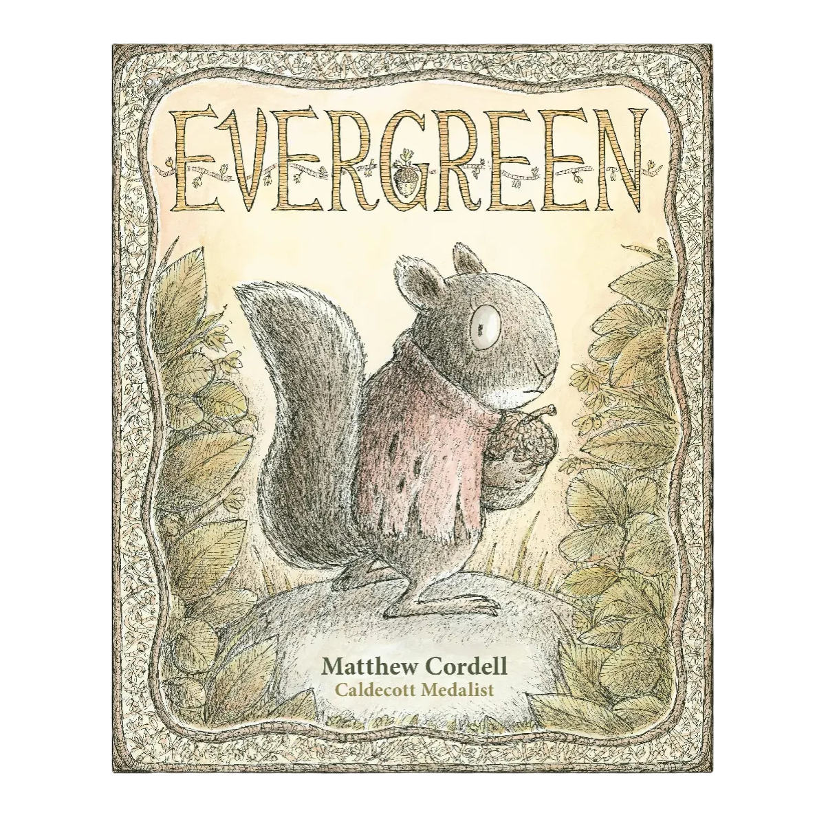 Book cover of 'Evergreen' with a squirrel illustration on a black background