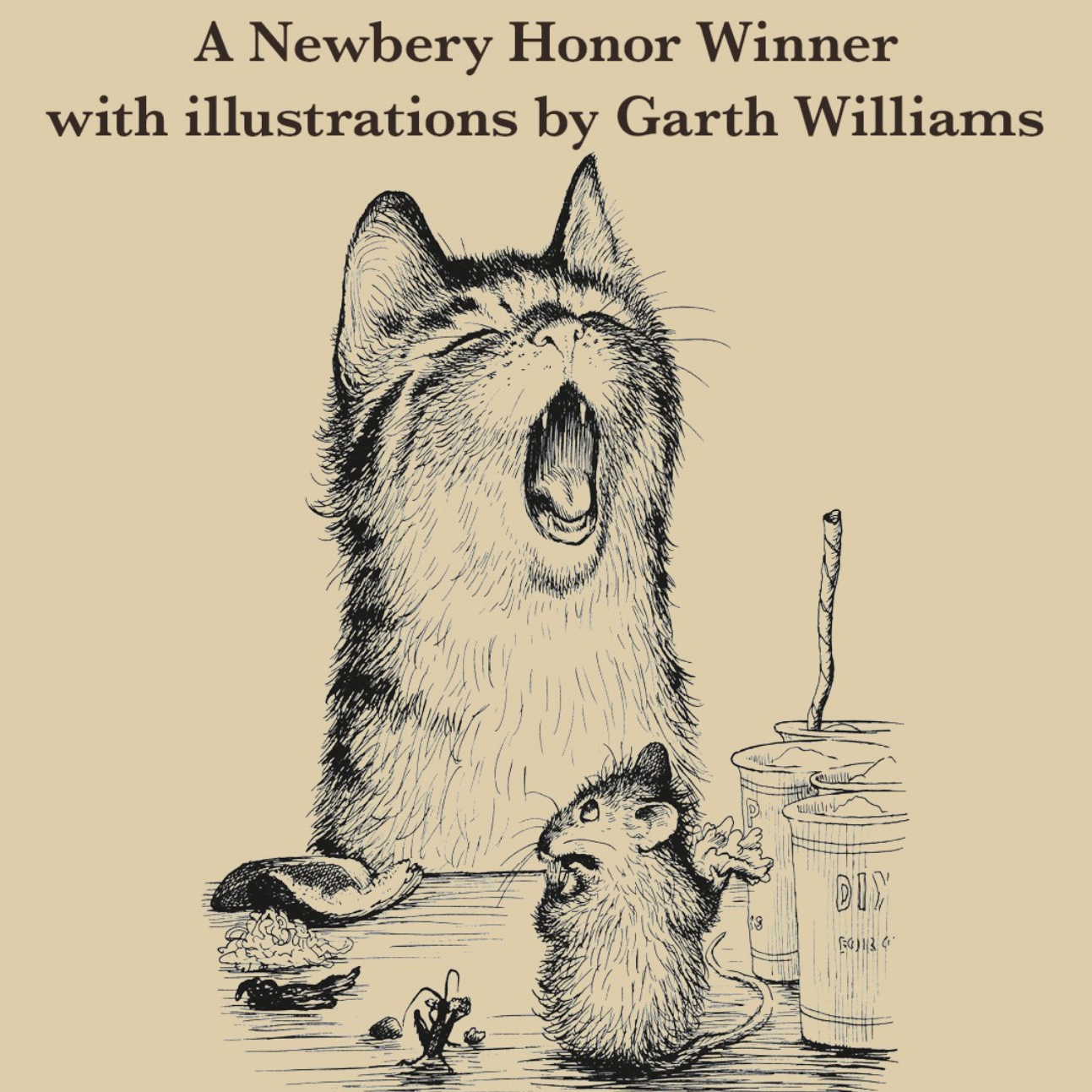 Book cover with illustration of a cat and mouse at a table, featuring Garth Williams' illustrations.