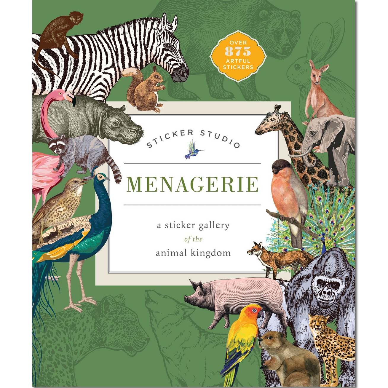 Sticker book cover with illustrations of various animals on a green background