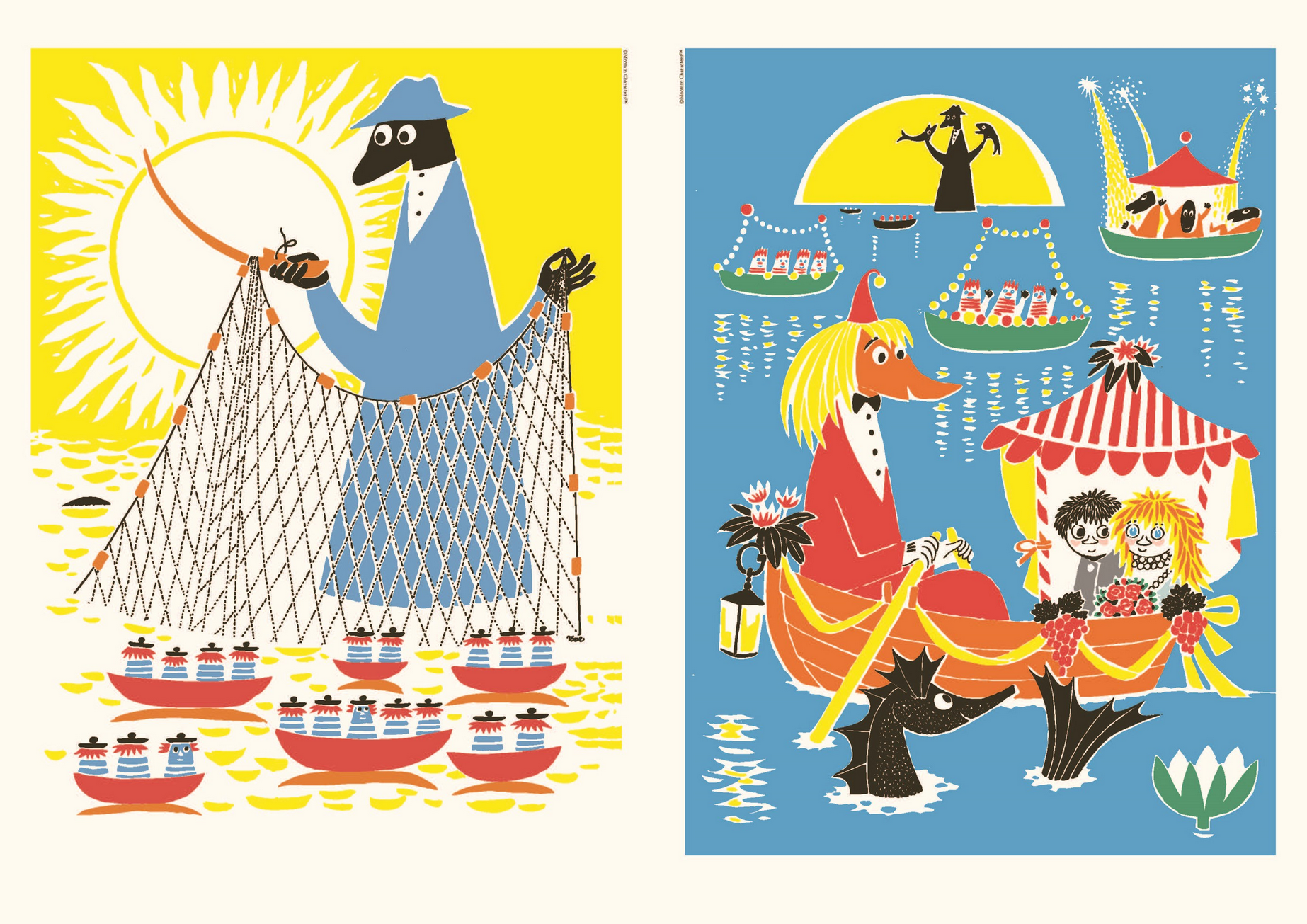 Two illustrated scenes: one with a fisherman and another with a horse-drawn carriage, on a white background.