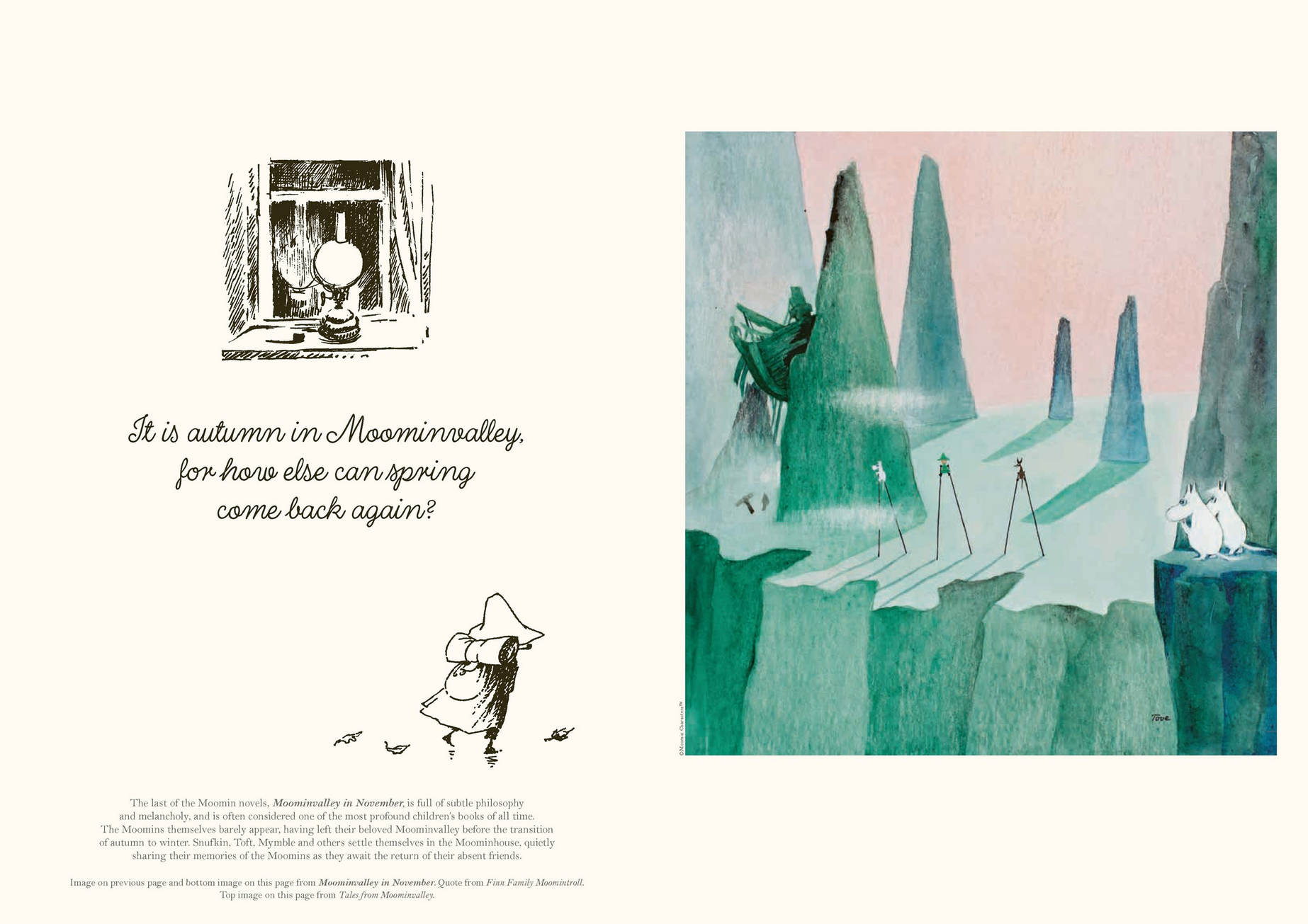 Illustrated book page with a character in a hat and coat, a clock, and a scenic landscape.