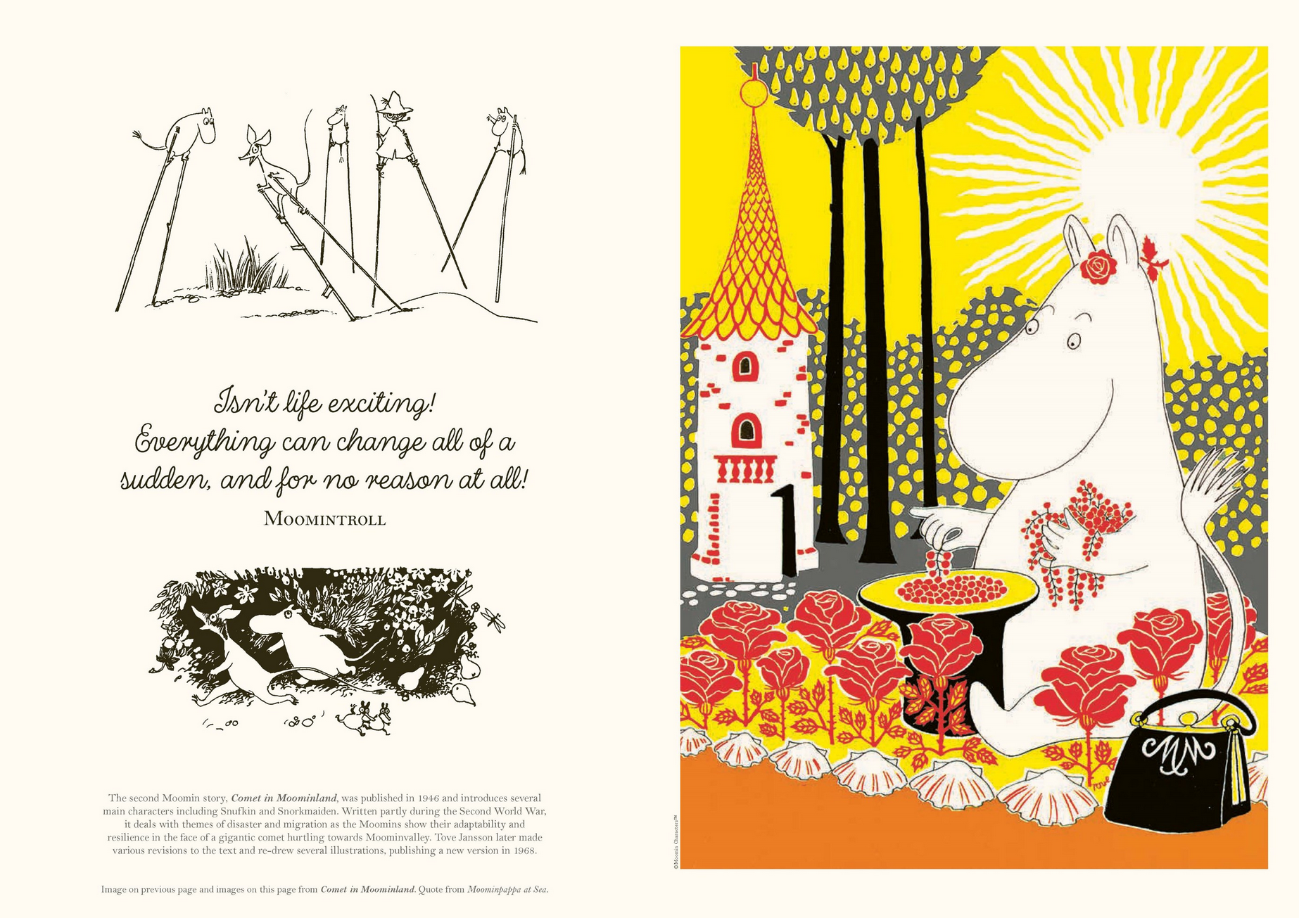 Illustration of a cartoon character in a forest with a castle and flowers, featuring text about life's excitement.