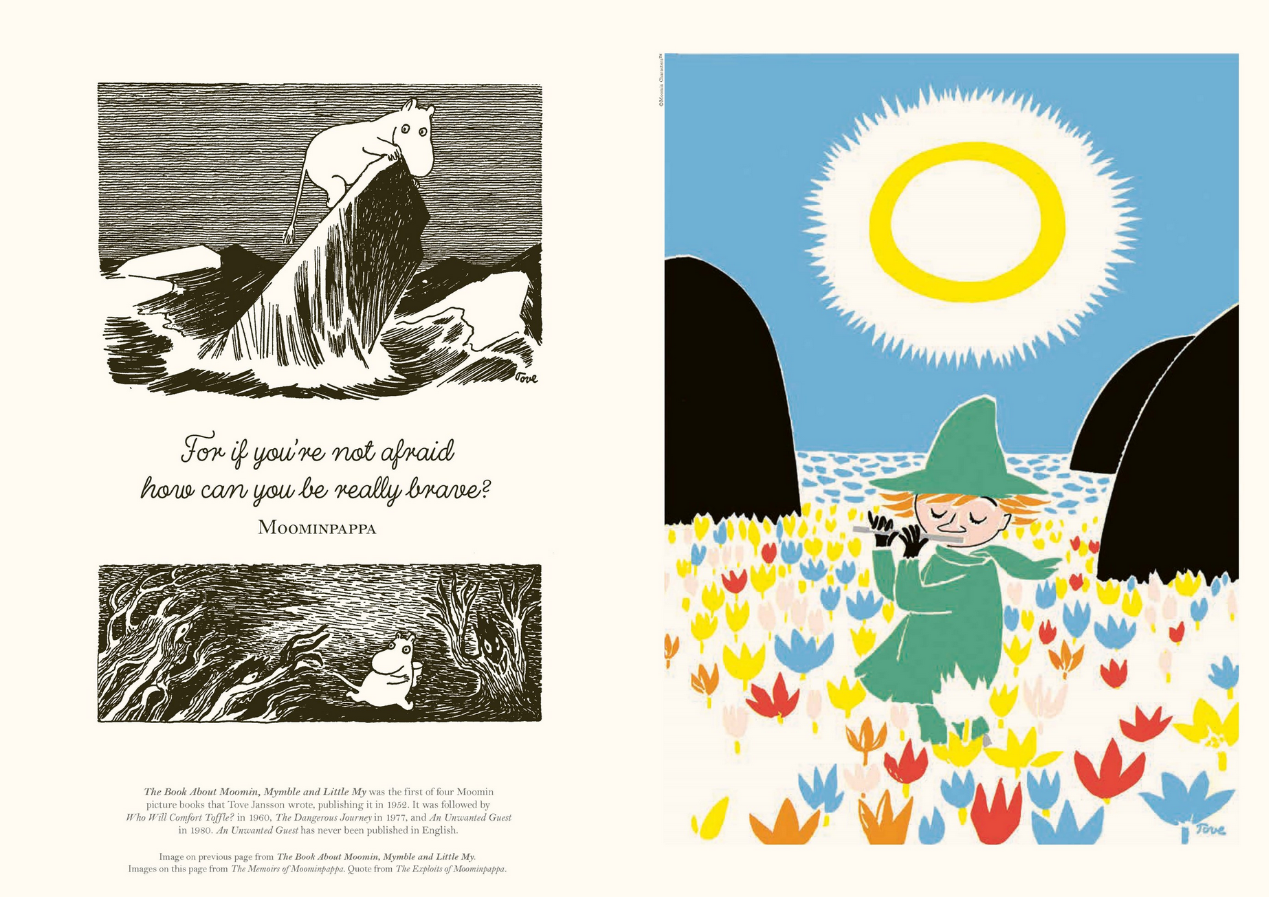 Illustrations from a children's book with a mouse on a rock, a sun, and a character in a field of flowers.