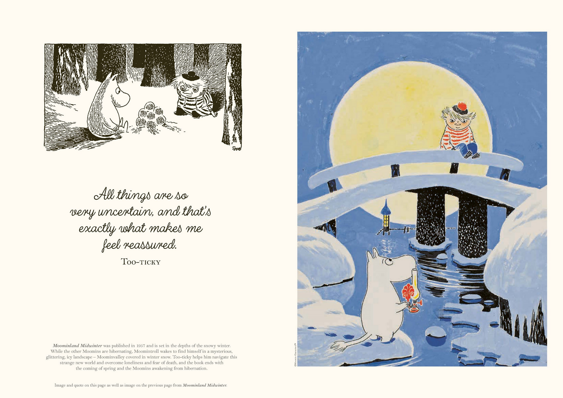 Illustrations from a children's book with a snowy scene and characters on a bridge.