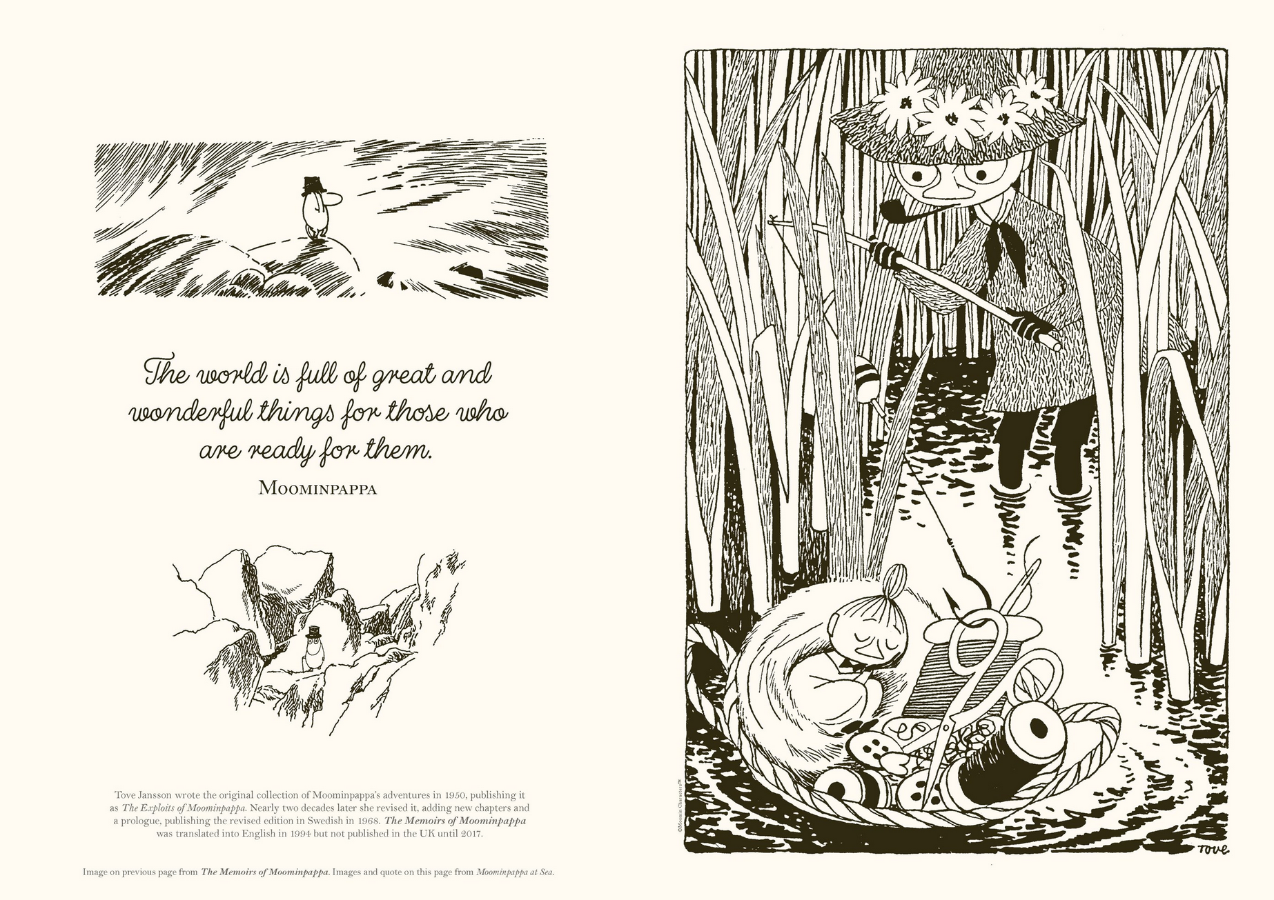 Illustration from a book with a character in a hat and coat standing in water, surrounded by tall grasses.