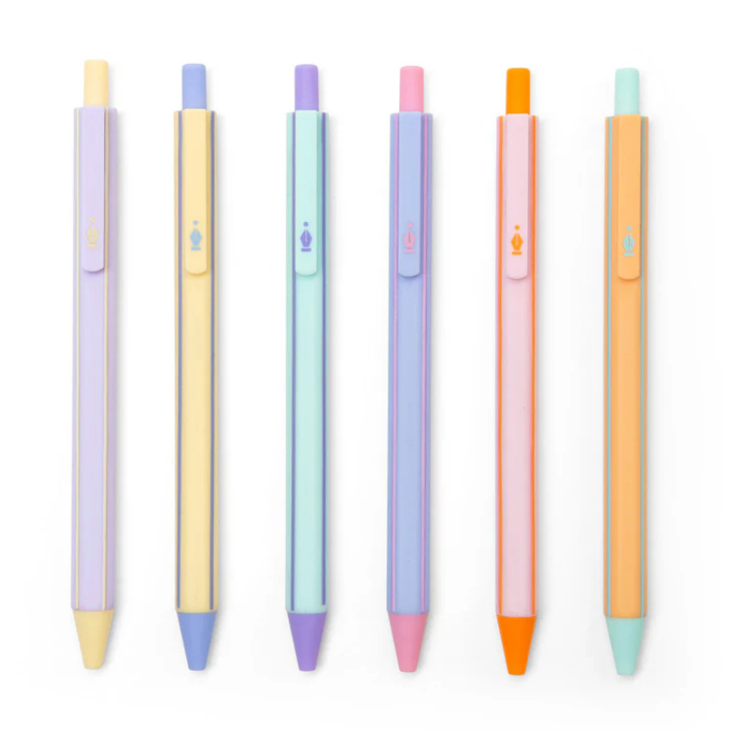 Set of pastel-colored pens with colorful caps on a white background