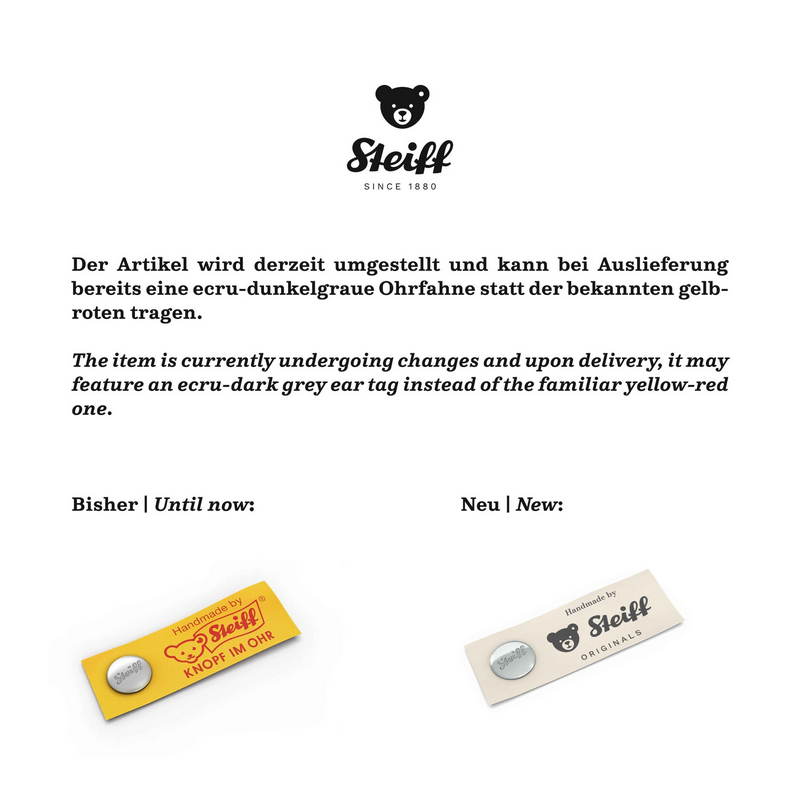 Two Steiff tags on a white background with text about product changes.