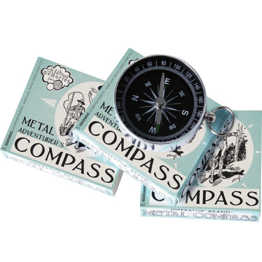 Metal compass with packaging on a white background