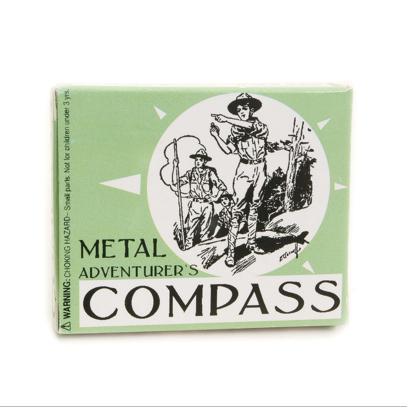 Metal Adventurer's Compass packaging with illustration of two people outdoors on a green background