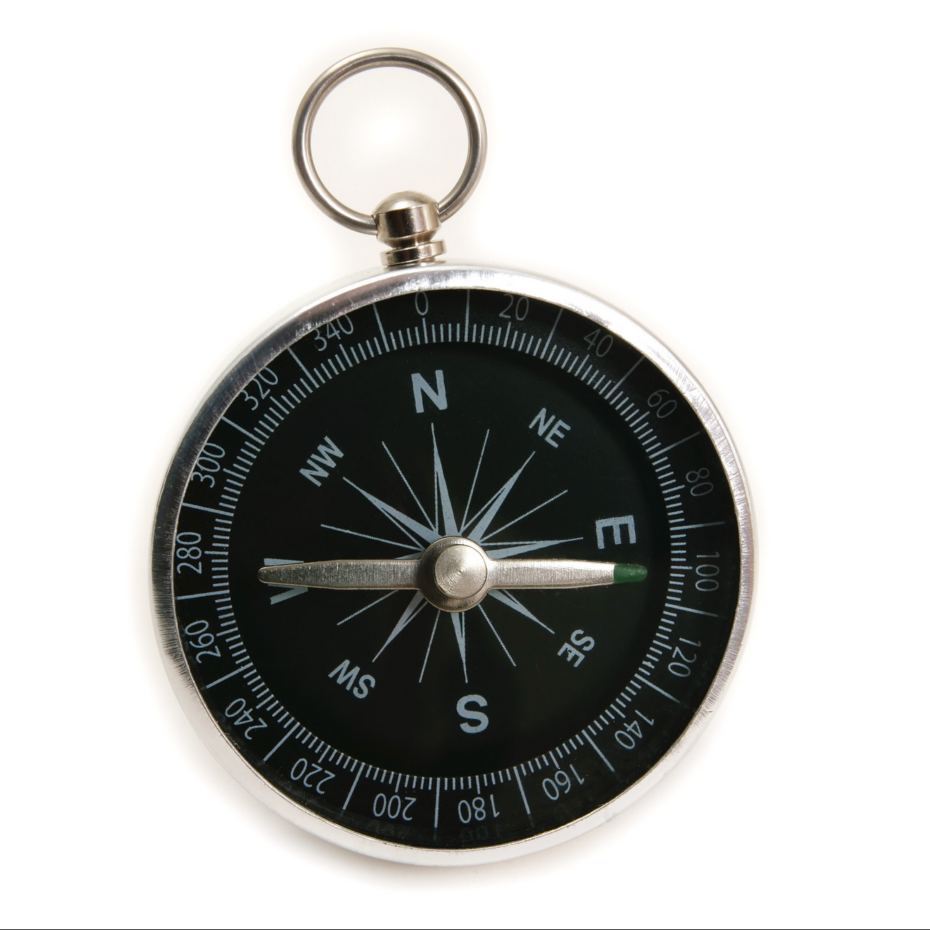 Compass with black dial and silver casing on a white background