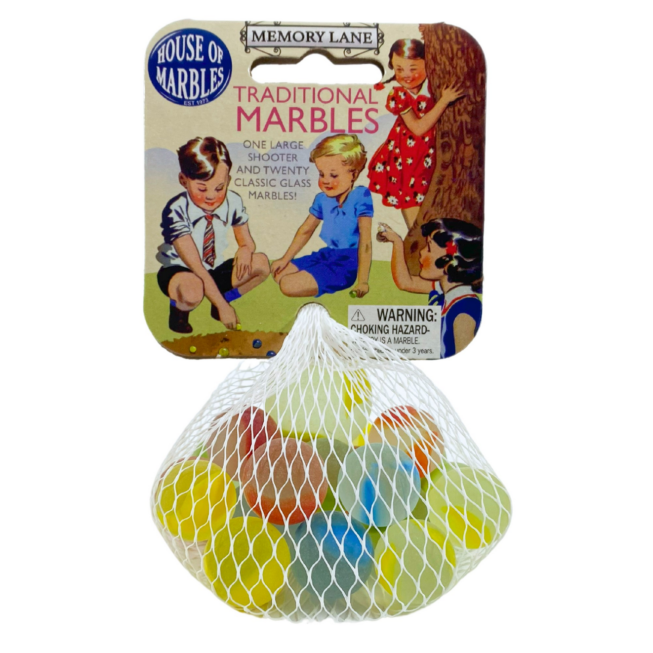 Bag of marbles with a vintage-style packaging label featuring children playing.