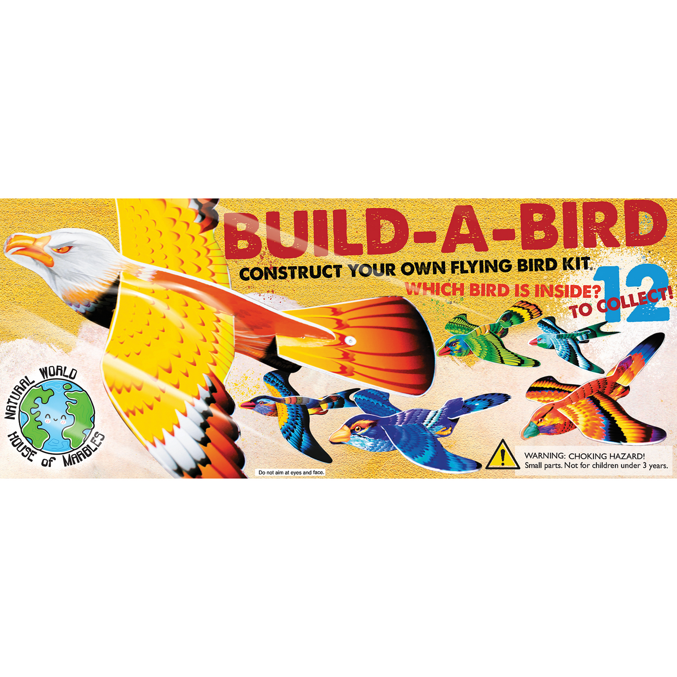 Build-a-bird kit packaging with colorful bird illustrations on a yellow background