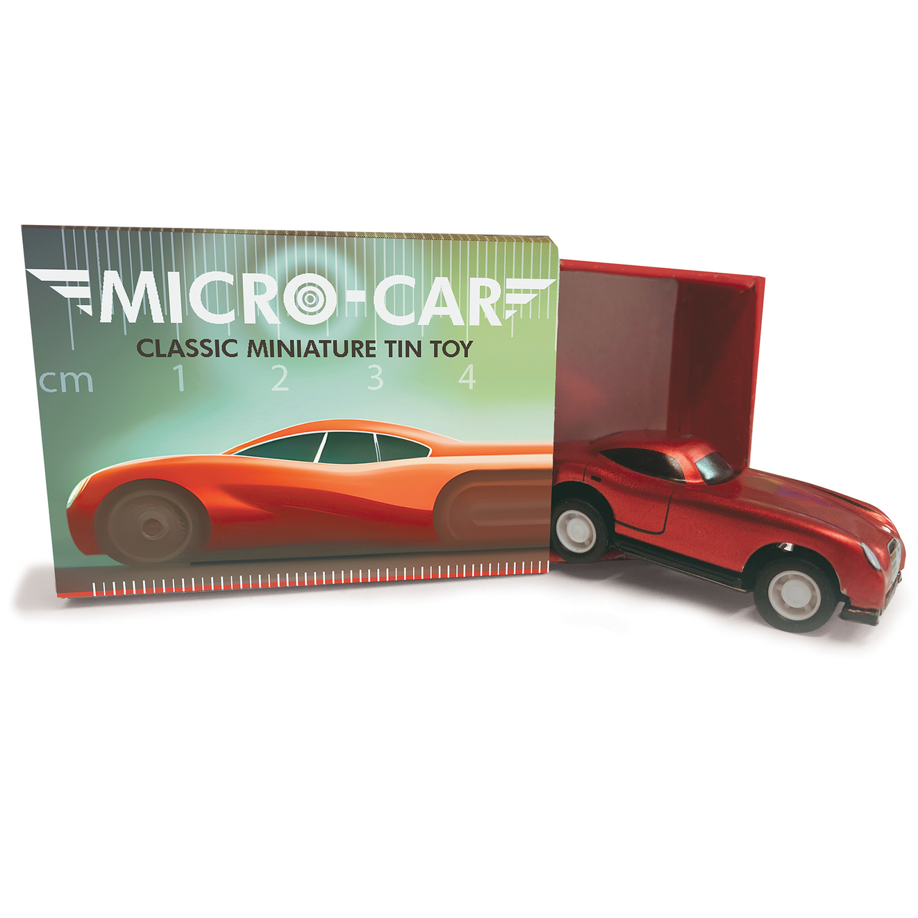 Red miniature tin toy car next to its packaging with 'Micro-Car' branding.