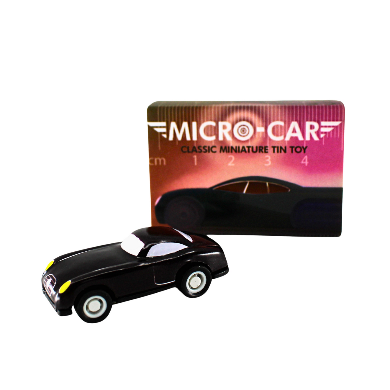 Black miniature tin toy car with packaging displaying 'Micro-Car' branding on a white background.