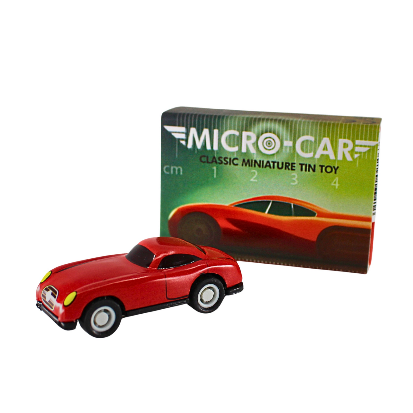 Red toy car next to its packaging with 'Micro-Car' branding on a white background