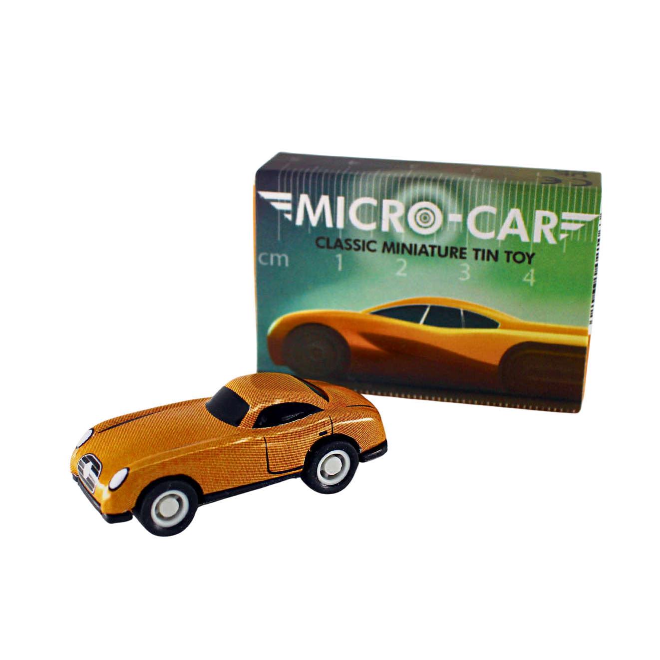 Micro-car miniature tin toy with packaging on a white background