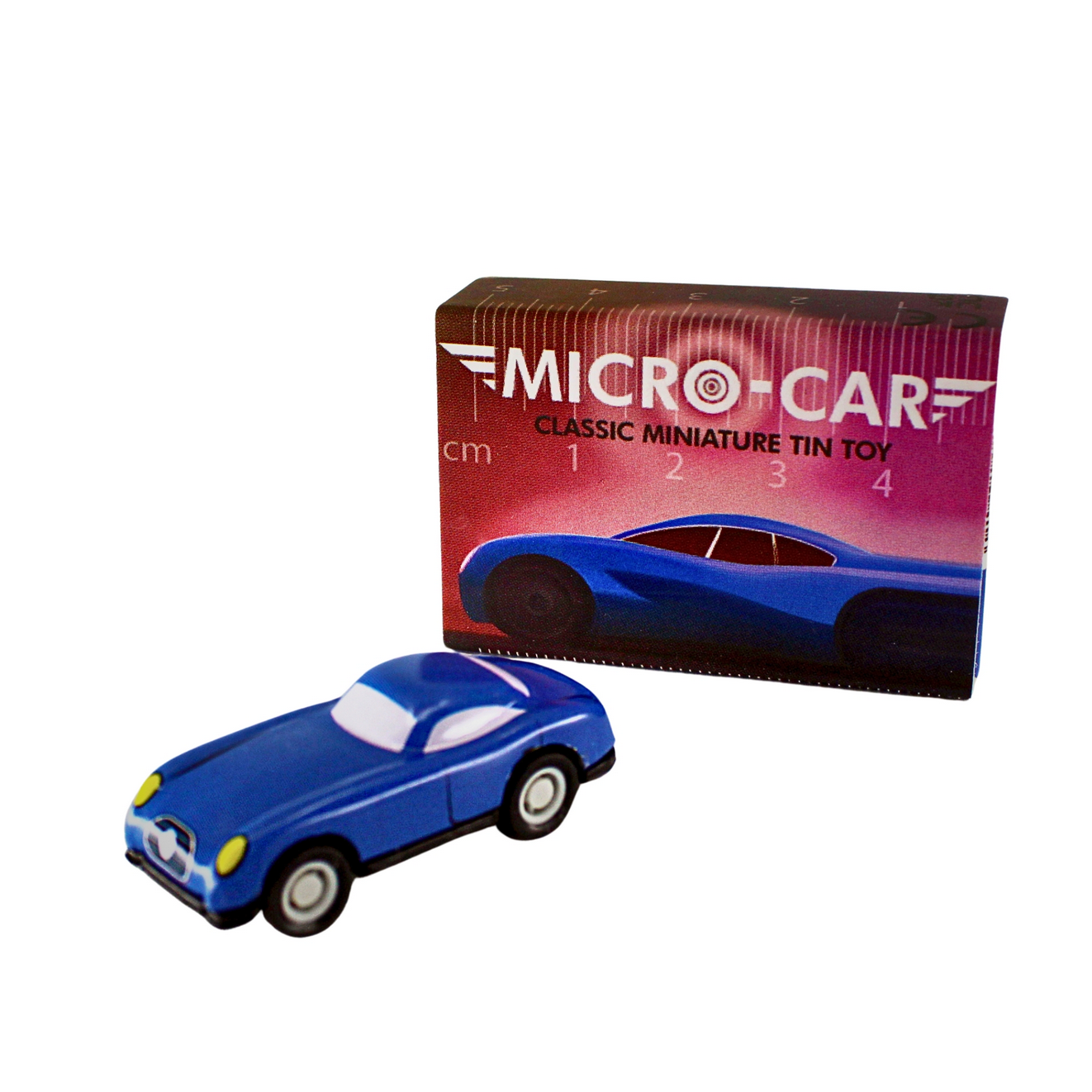 Blue miniature tin toy car next to its packaging on a white background