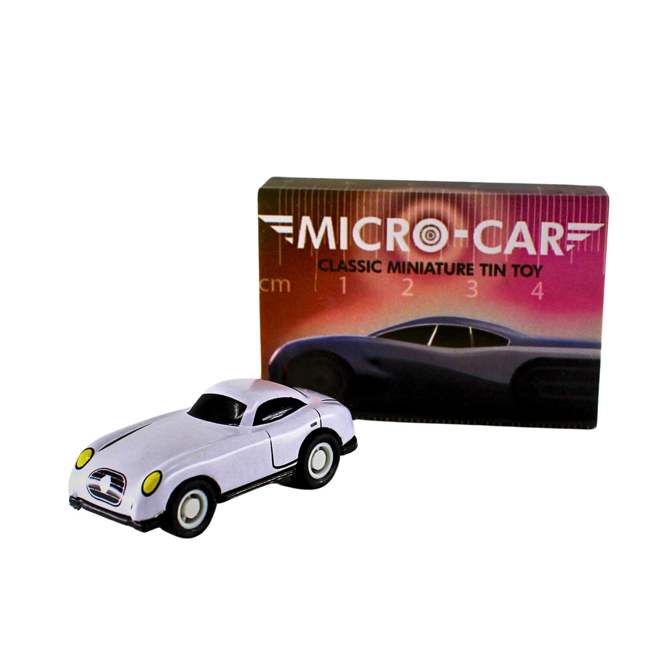 Micro car classic miniature tin toy with packaging on a white background