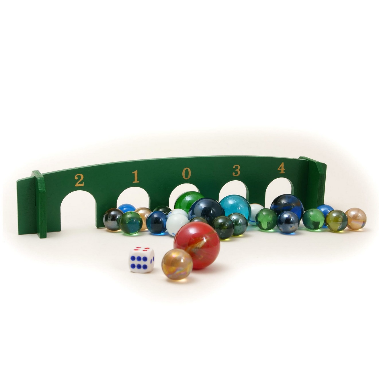 Marble run toy with numbered arches and colorful marbles on a white background