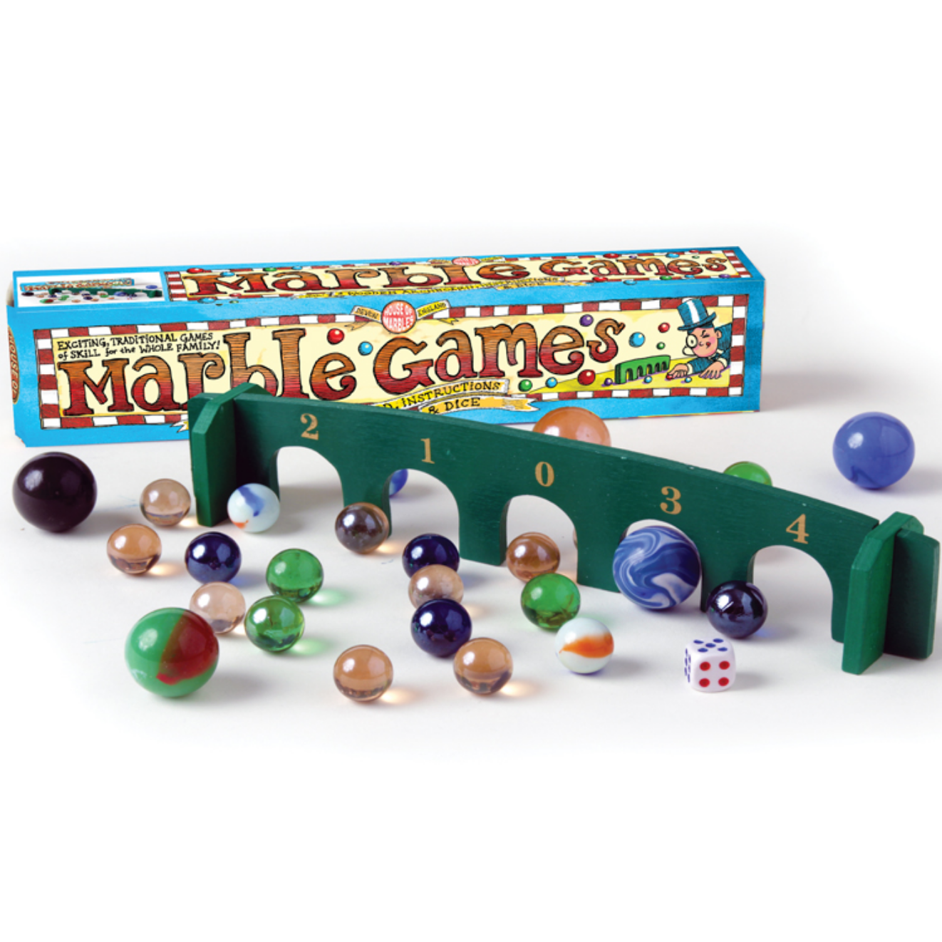 Marble game set with colorful marbles and a dice, featuring the 'Marble Games' packaging.