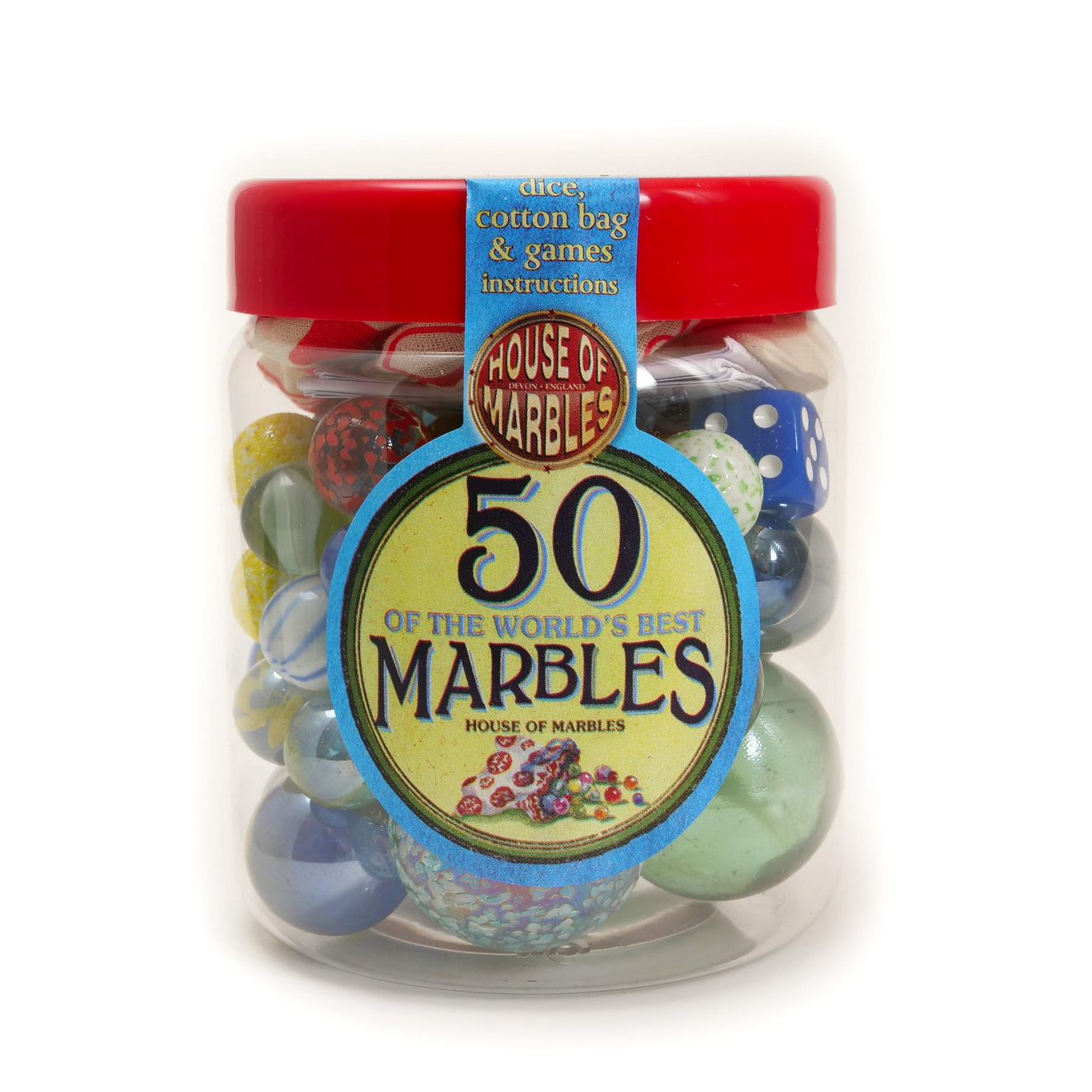 Jar of marbles with a 'House of Marbles' label on a white background