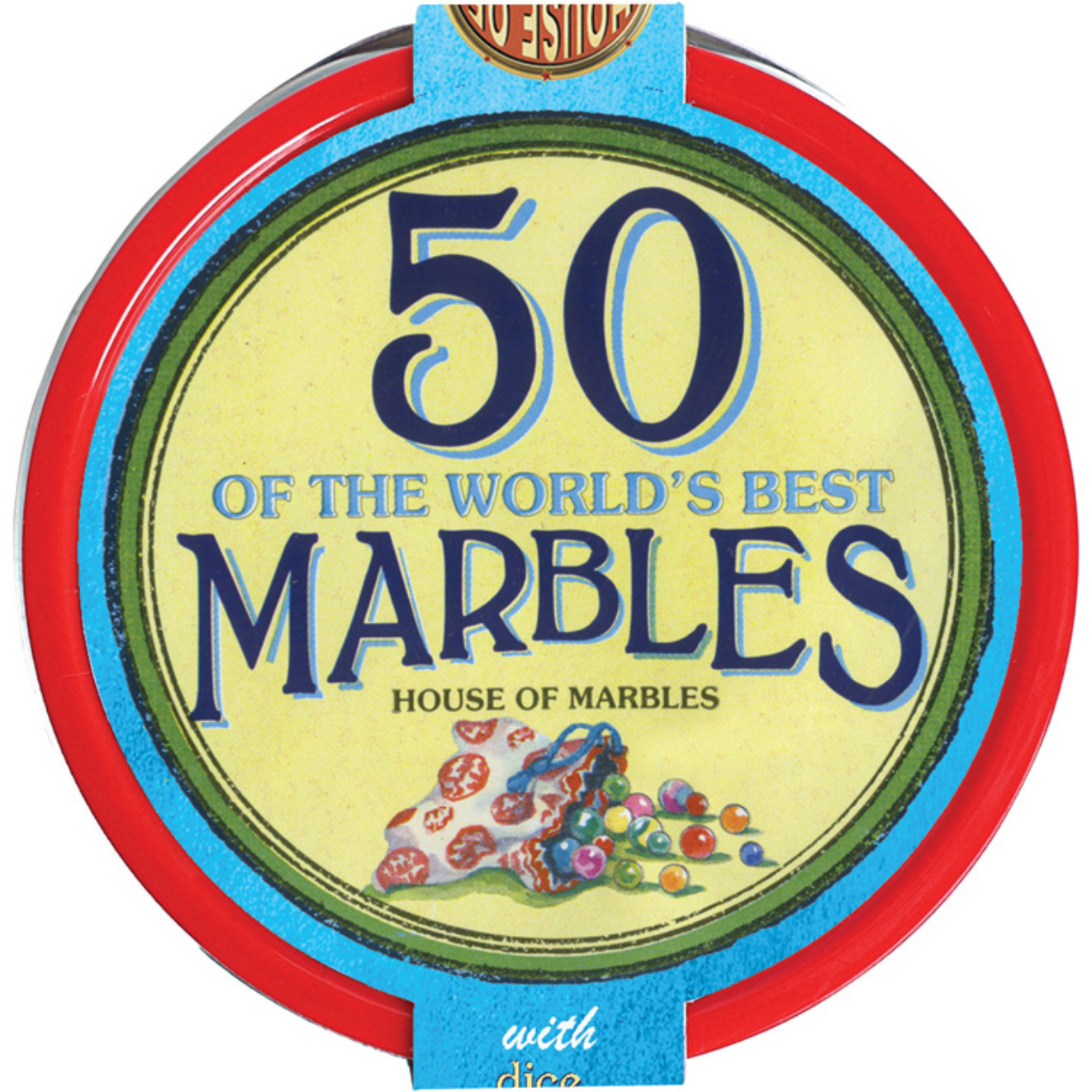 Round container label for '50 of the World's Best Marbles' with colorful design.