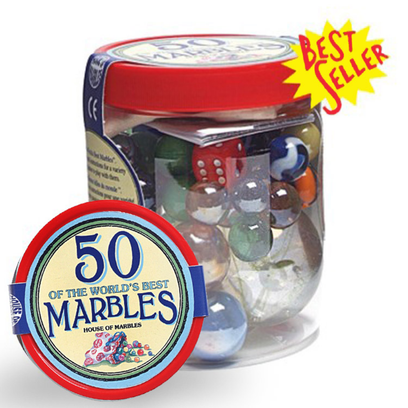 Jar of marbles with a 'Best Seller' tag and '50 of the World's Best Marbles' label.