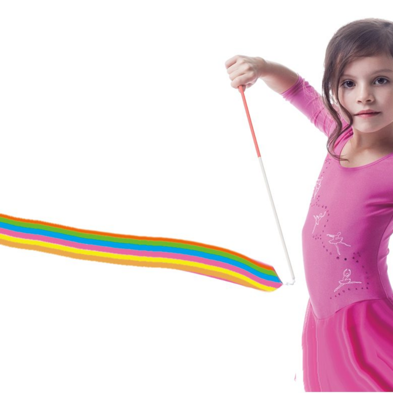 Young girl in a pink dress holding a colorful ribbon on a white background