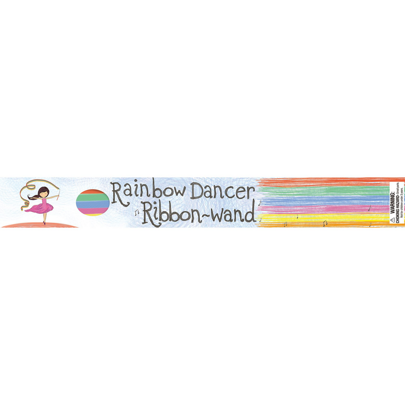 Rainbow ribbon wand with 'Rainbow Dancer Ribbon Wand' text on a white background