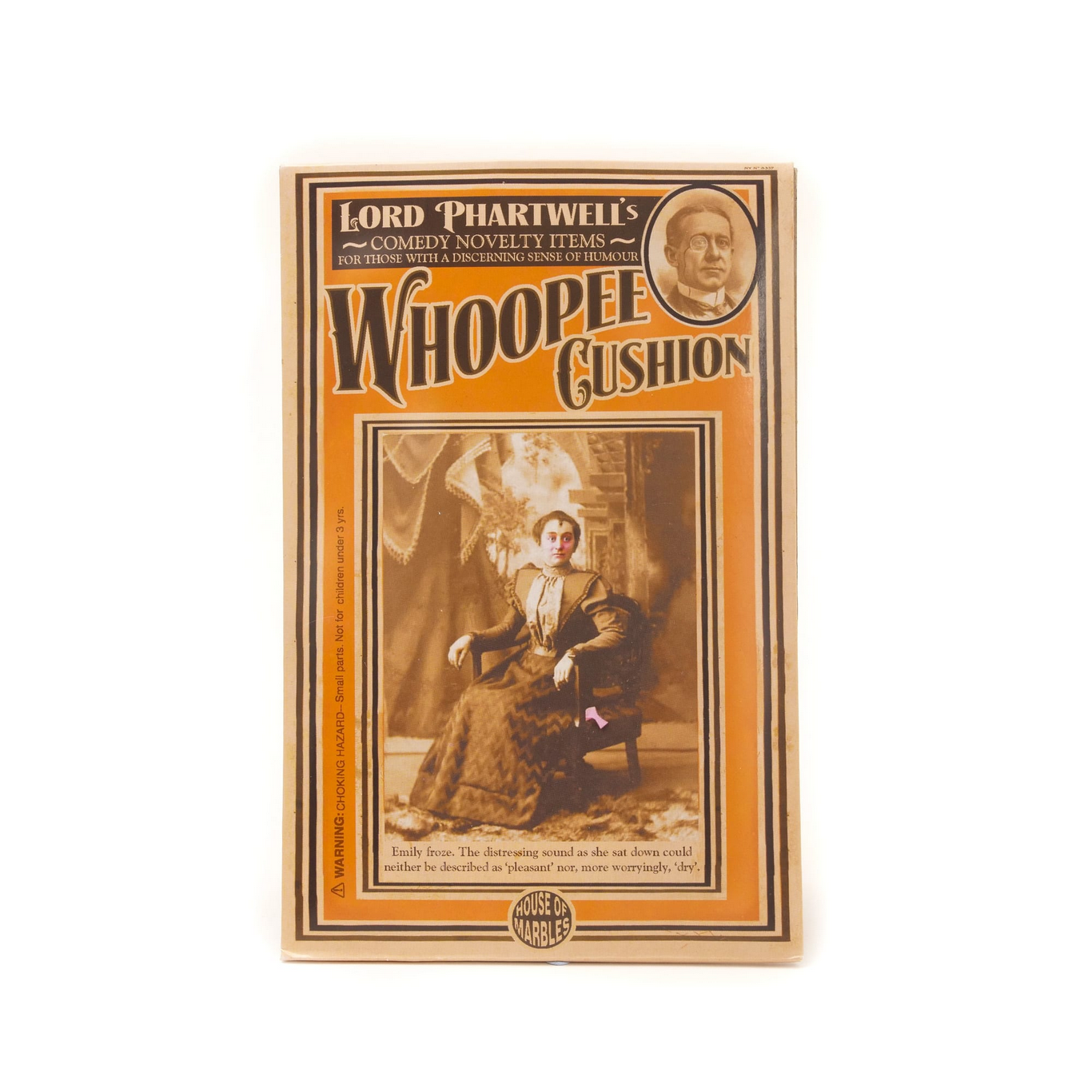 Box for Lord Phartwell's Whoopee Cushion with vintage design and portrait on a white background