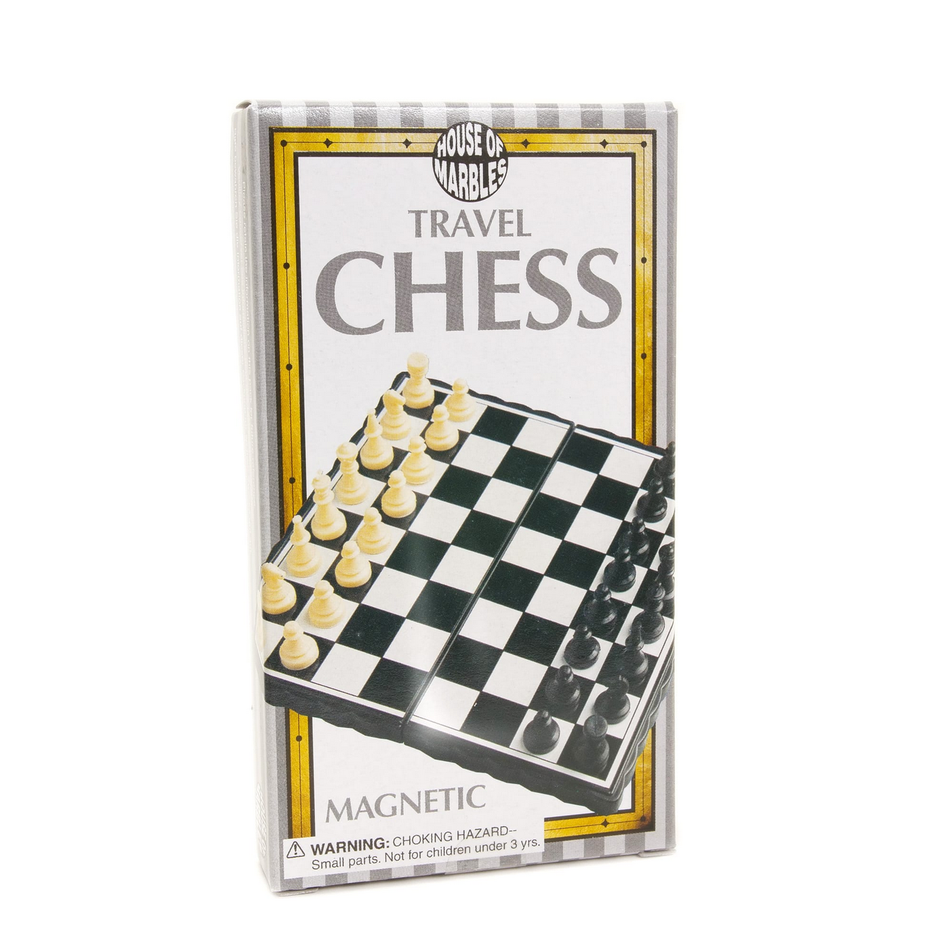 Travel chess set packaging with checkered board and chess pieces on a white background