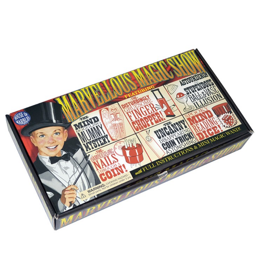 Box of Marvelous Magic Show with magician illustration and text on a white background