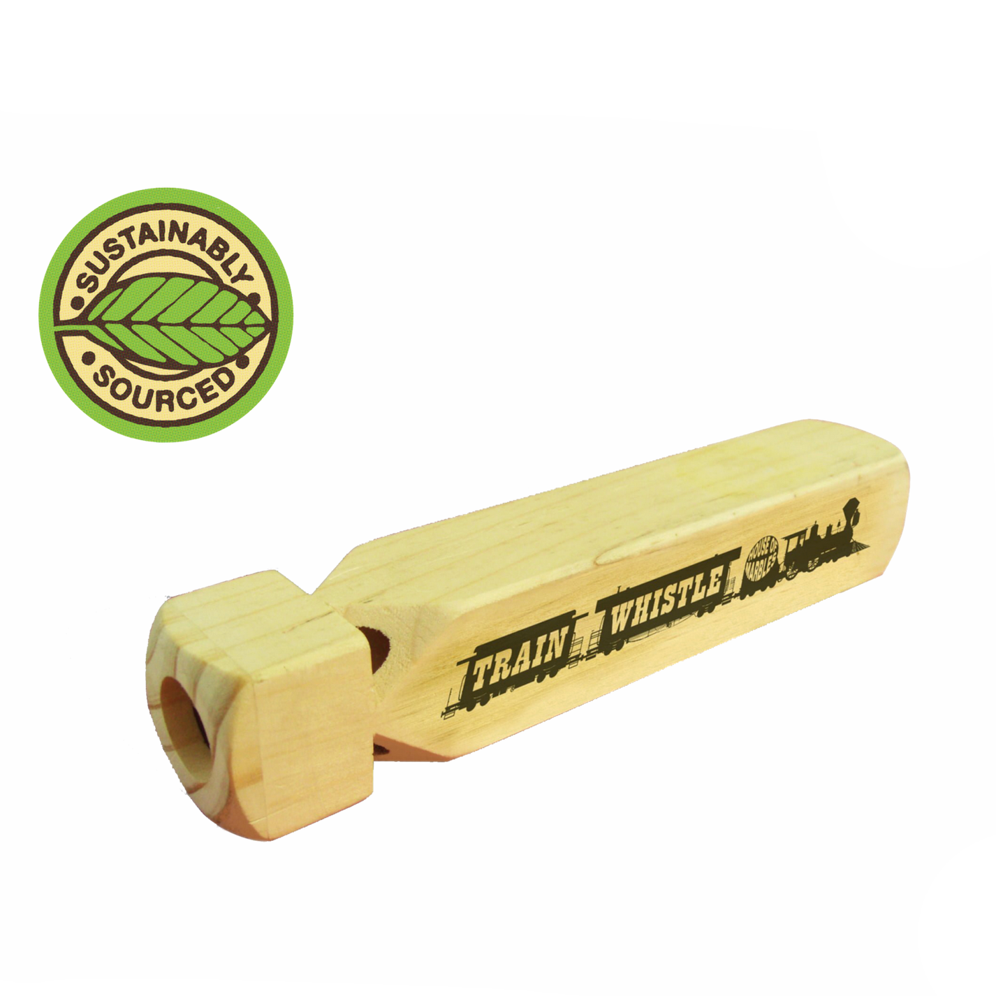 Wooden train whistlewith sustainability logo 