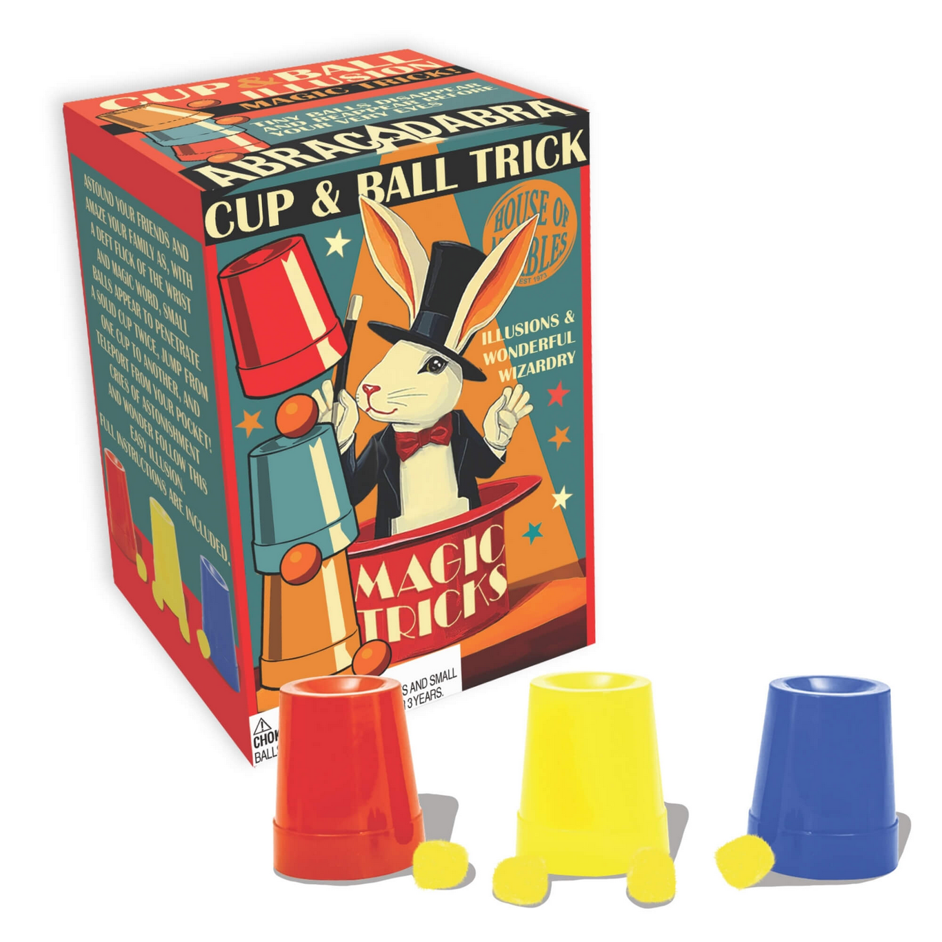Cup and ball trick set with colorful packaging featuring a rabbit and magician design.