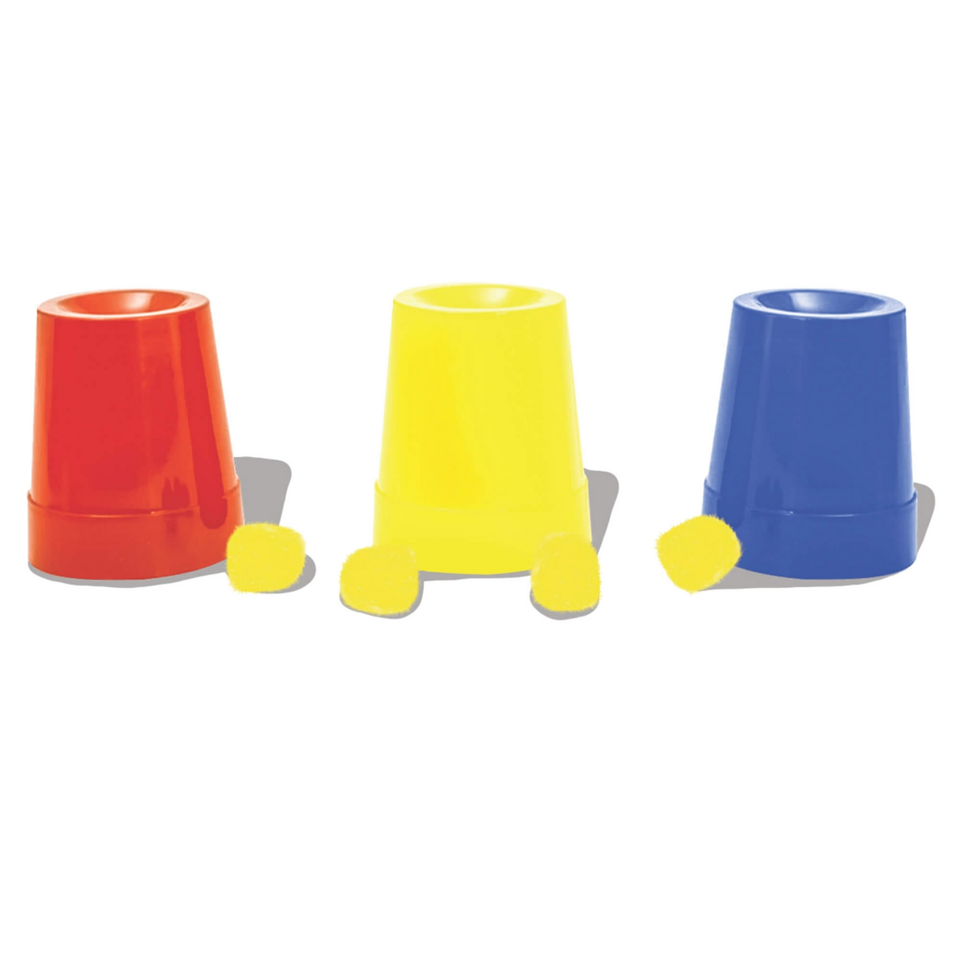 Three colorful plastic cups with yellow balls on a white background